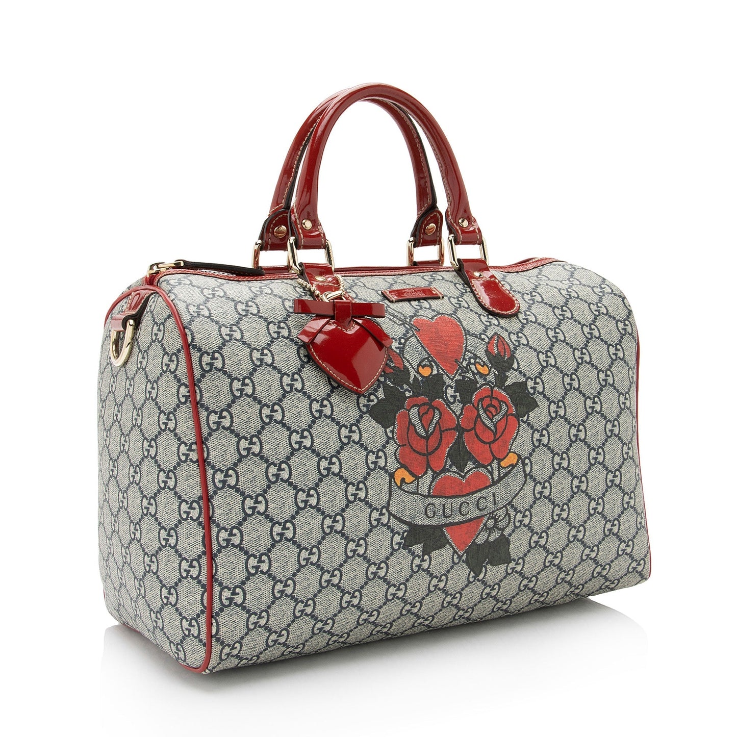 Gucci GG Supreme Tattoo Heart Boston Leather Canvas Patent Blue Satchel Bag