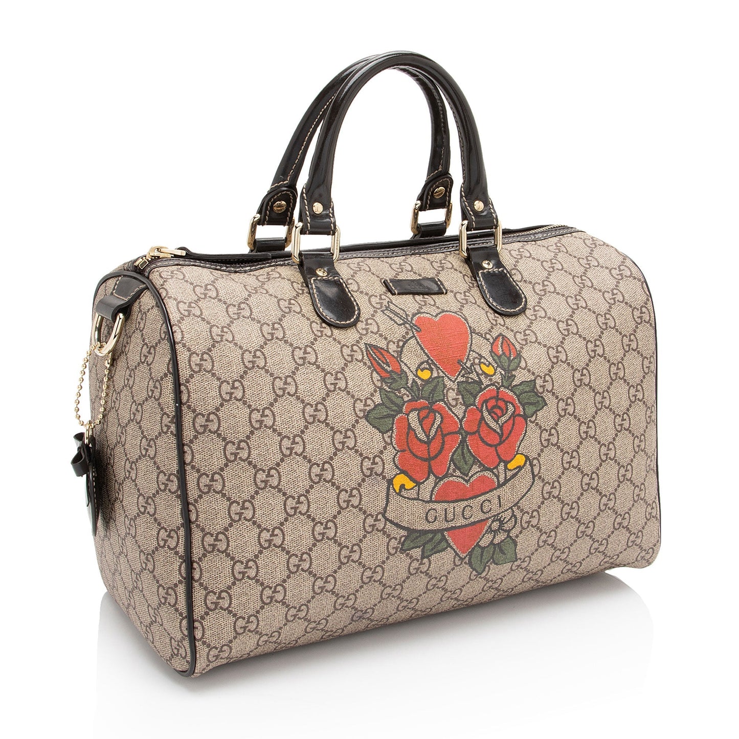 Gucci GG Supreme Tattoo Heart Boston Leather Canvas Brown Beige Satchel Bag