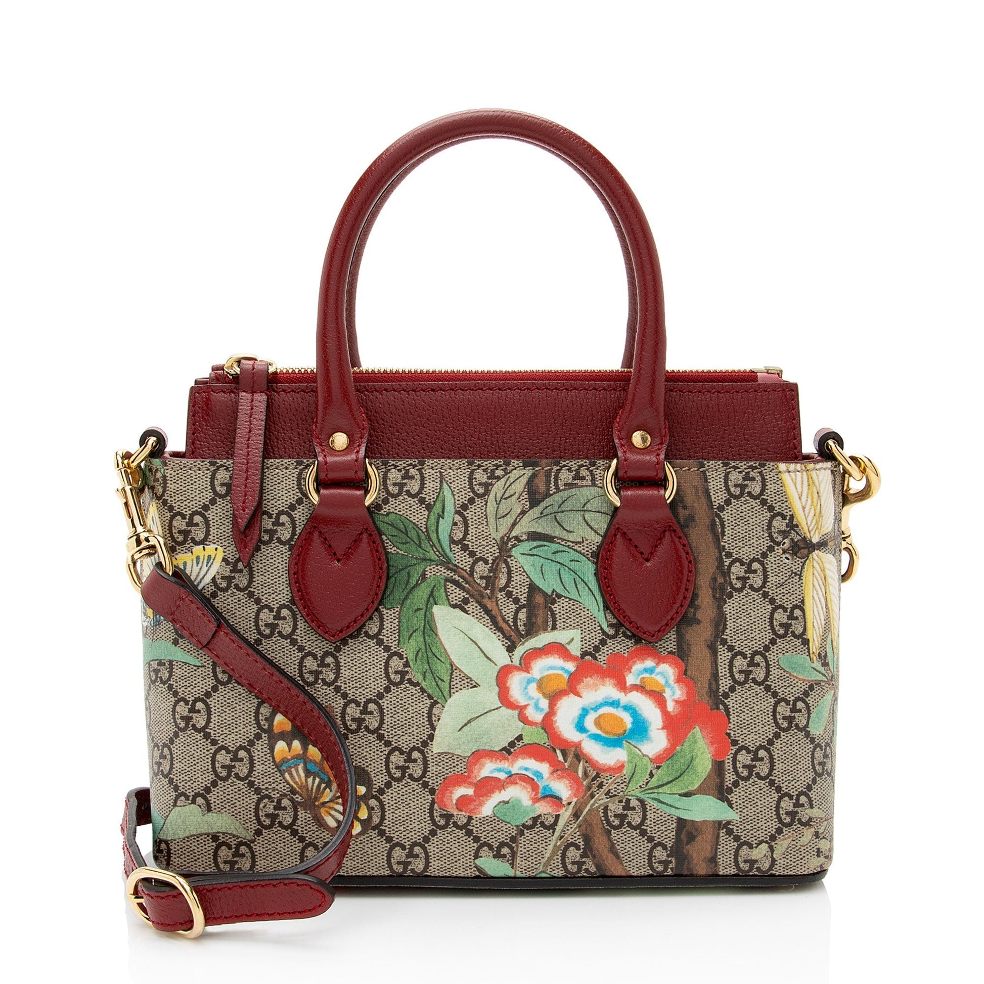 Gucci GG Supreme Tian Zip SHF-Z1F Leather Canvas Beige Red Tote Bag