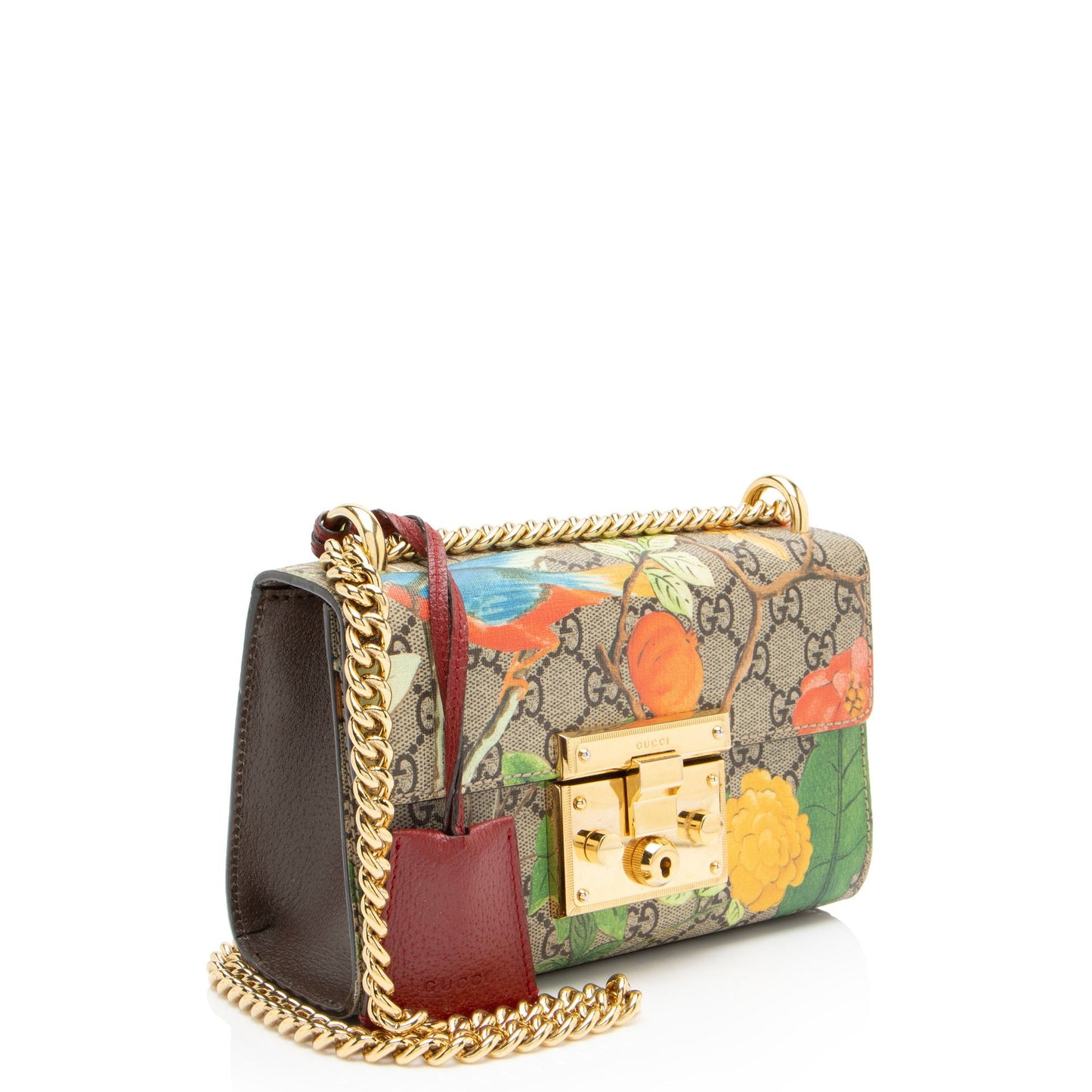 Gucci GG Supreme Tian Padlock Leather Canvas Brown Red Shoulder Bag