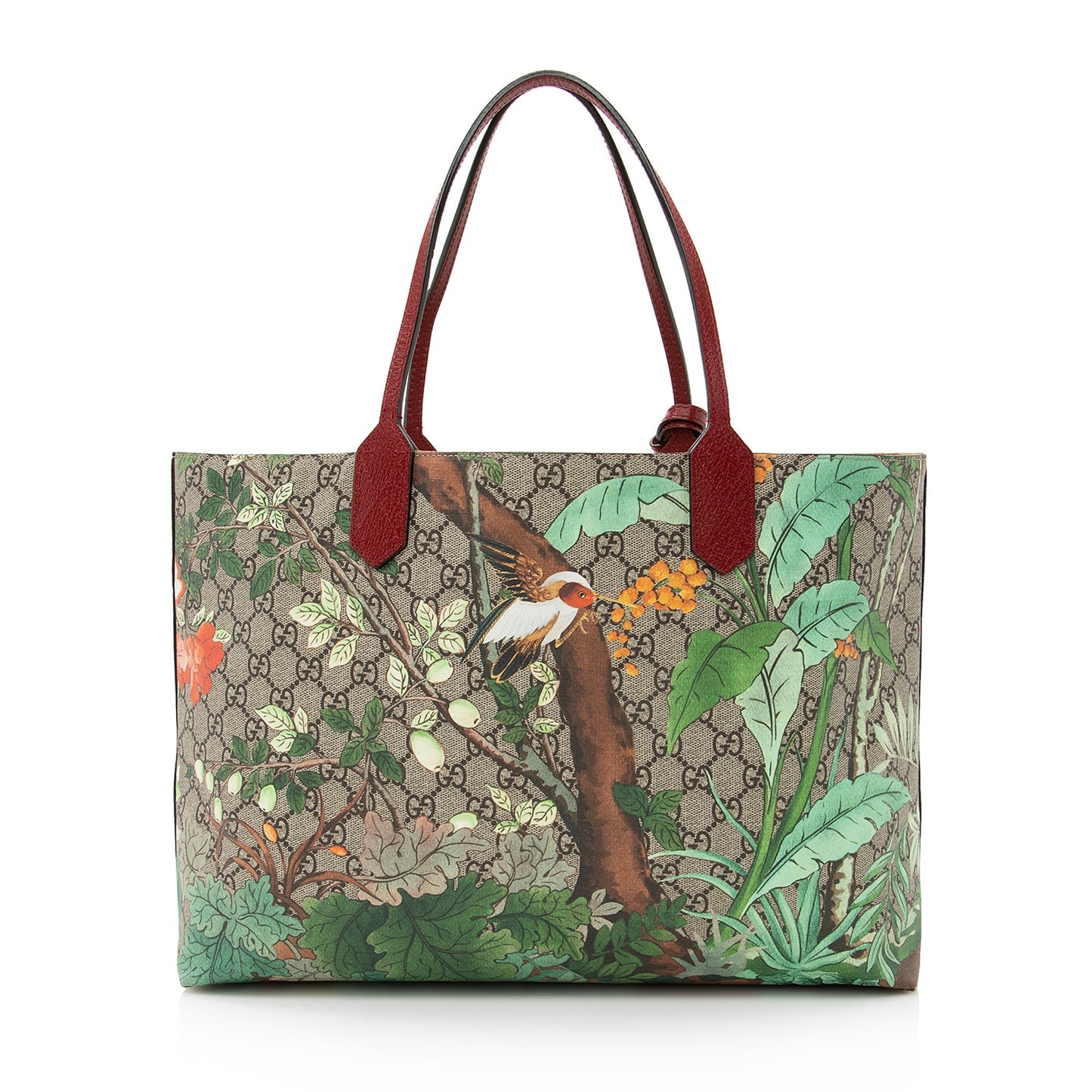 Gucci GG Supreme Tian SHF Leather Canvas Beige Red Tote Bag