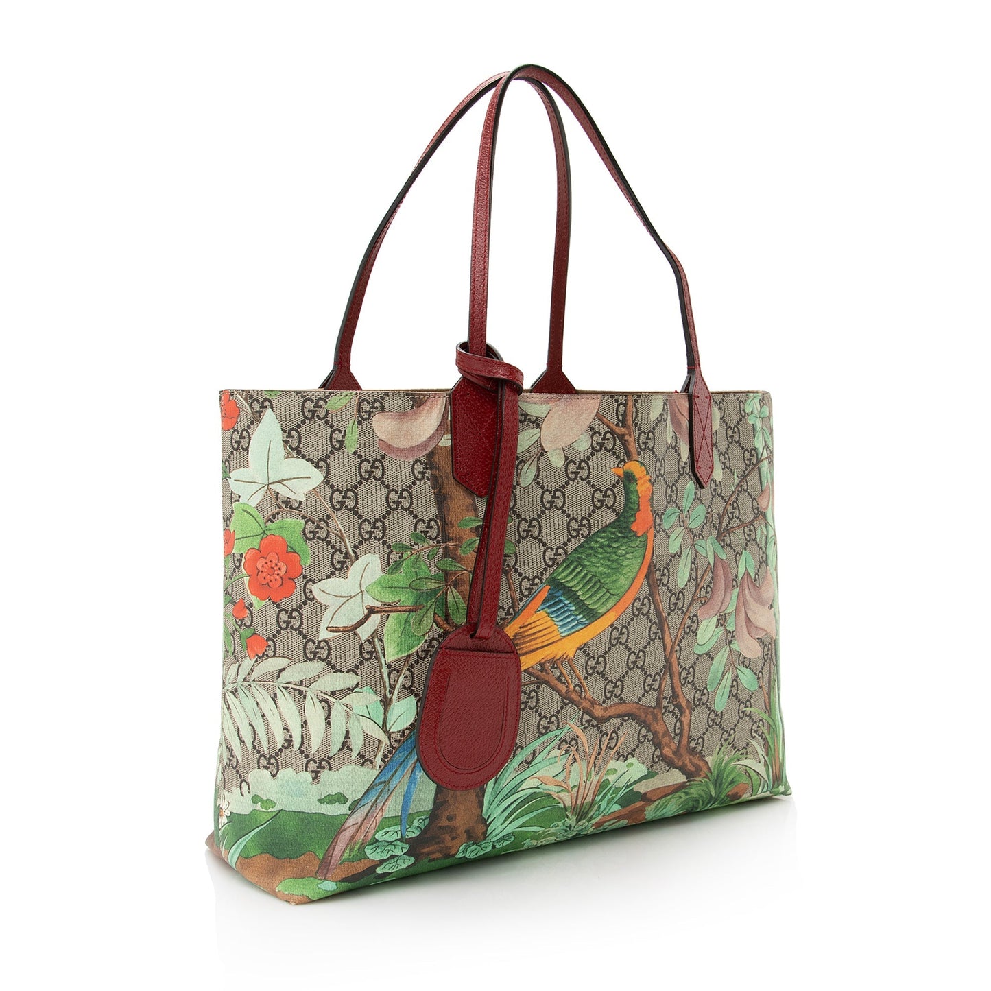 Gucci GG Supreme Tian SHF Leather Canvas Beige Red Tote Bag