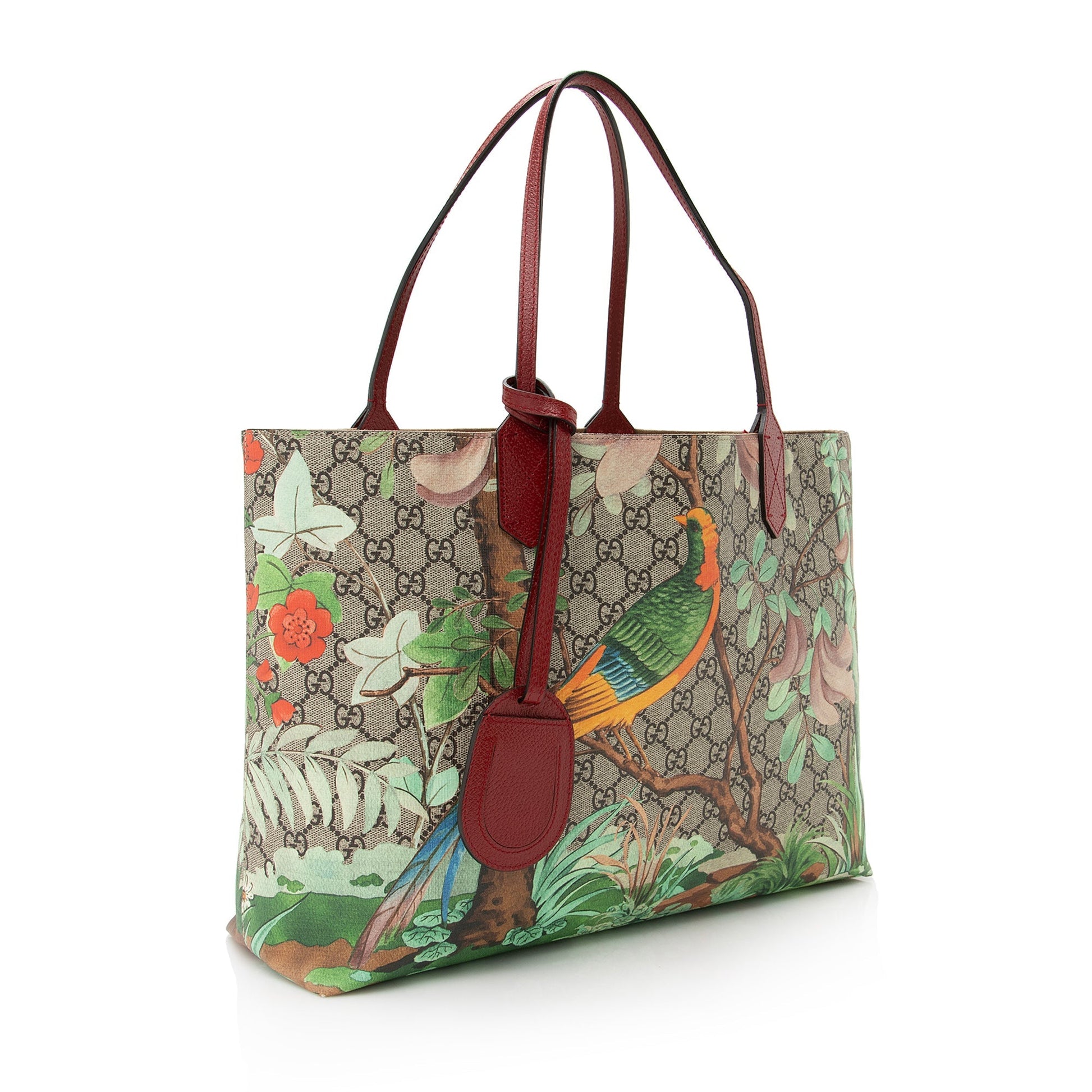 Gucci GG Supreme Tian SHF Leather Canvas Beige Red Tote Bag