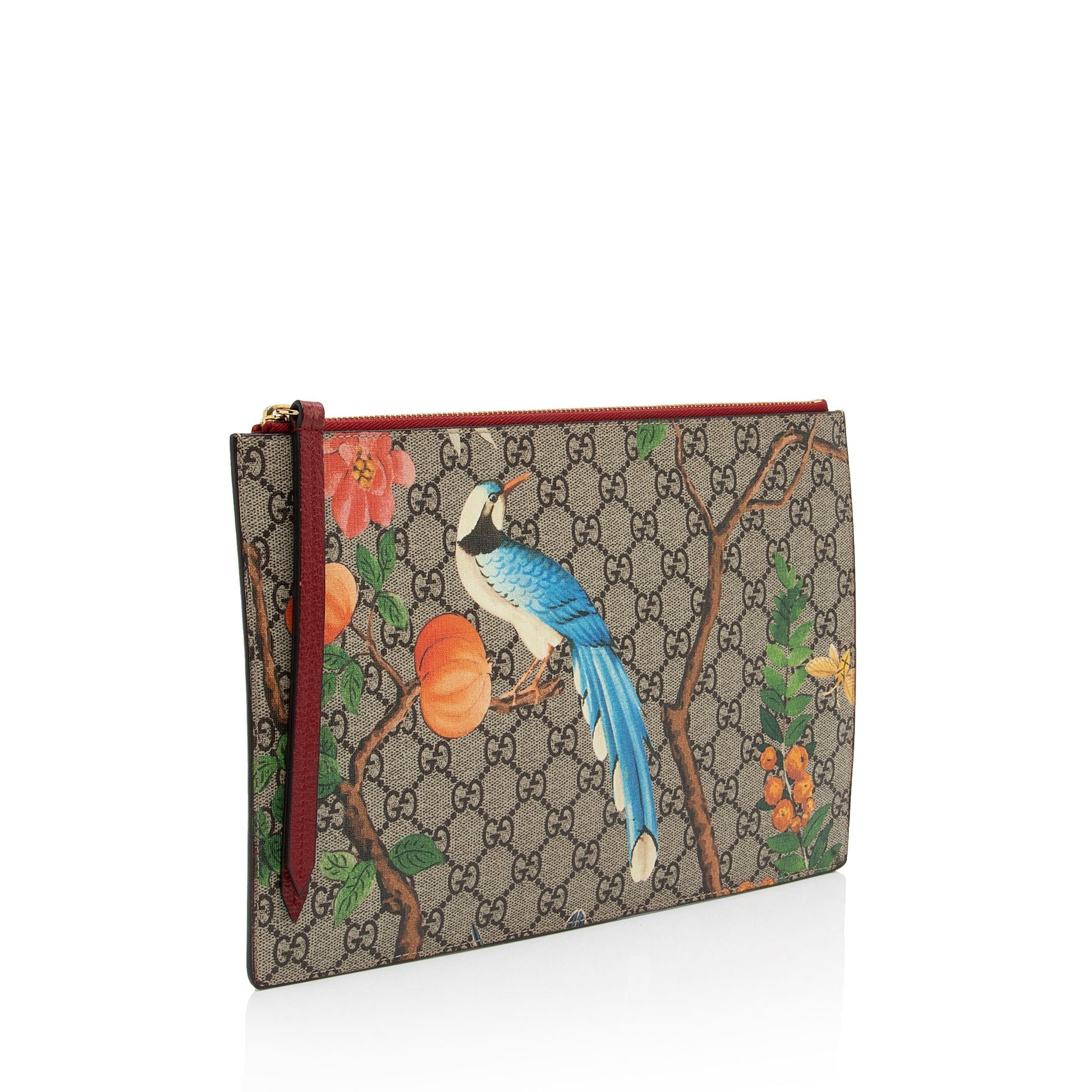 Gucci GG Supreme Tian Zip Pouch Leather Canvas Beige Red Clutch Bag
