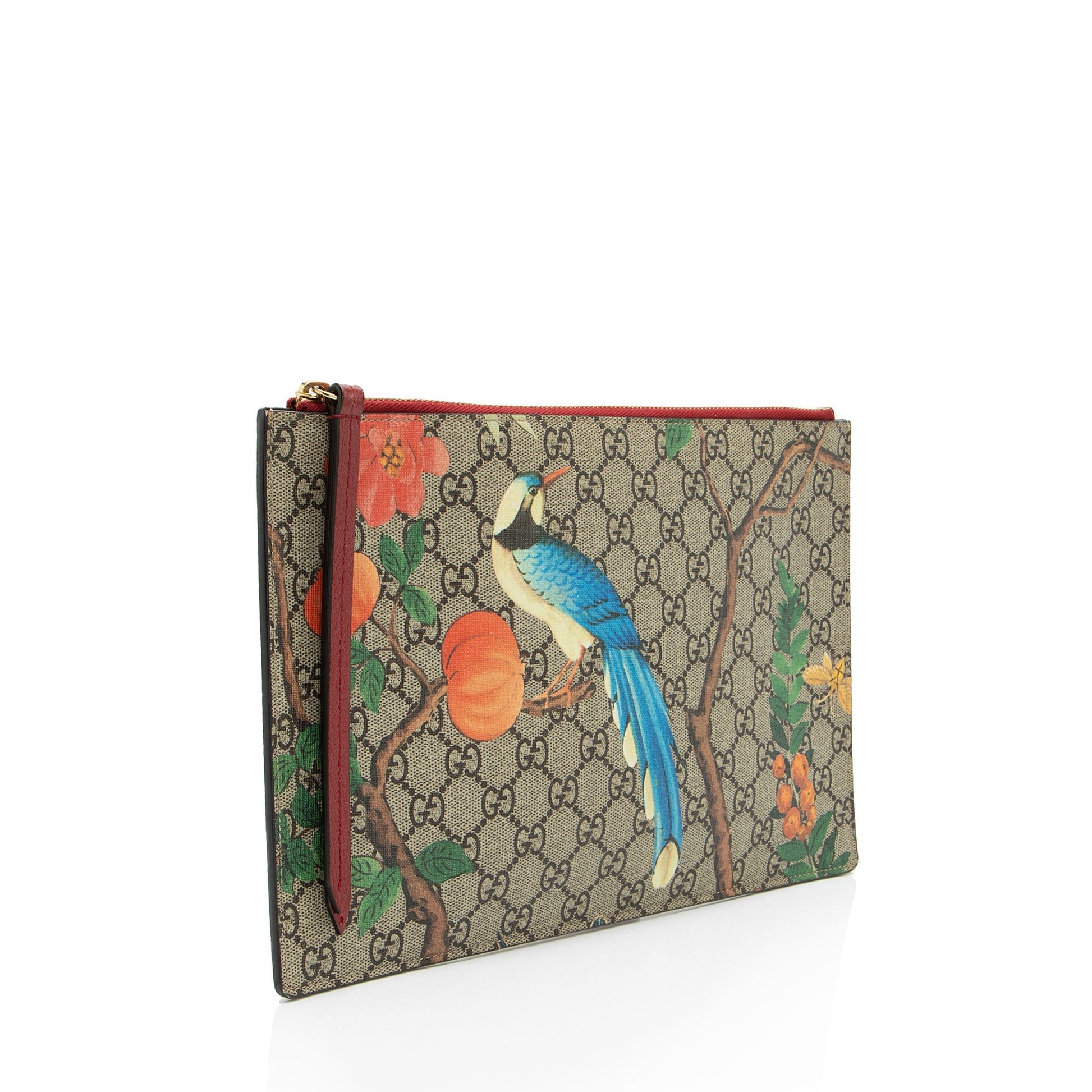 Gucci GG Supreme Tian Zip Pouch Leather Canvas Beige Red Clutch Bag Shf F3Qqbm