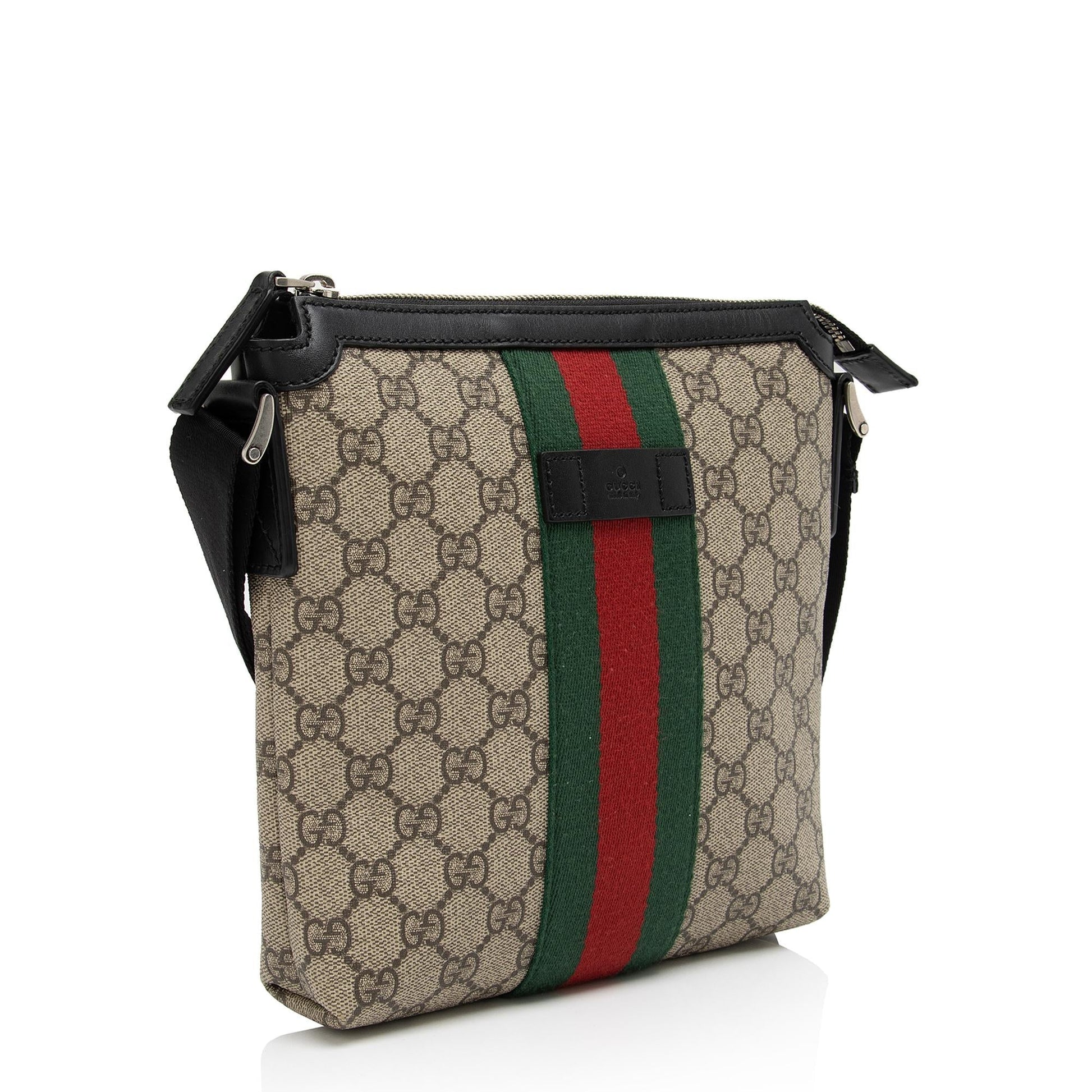 Gucci GG Supreme Web Flat Messenger Leather Canvas Nylon Black Shoes
