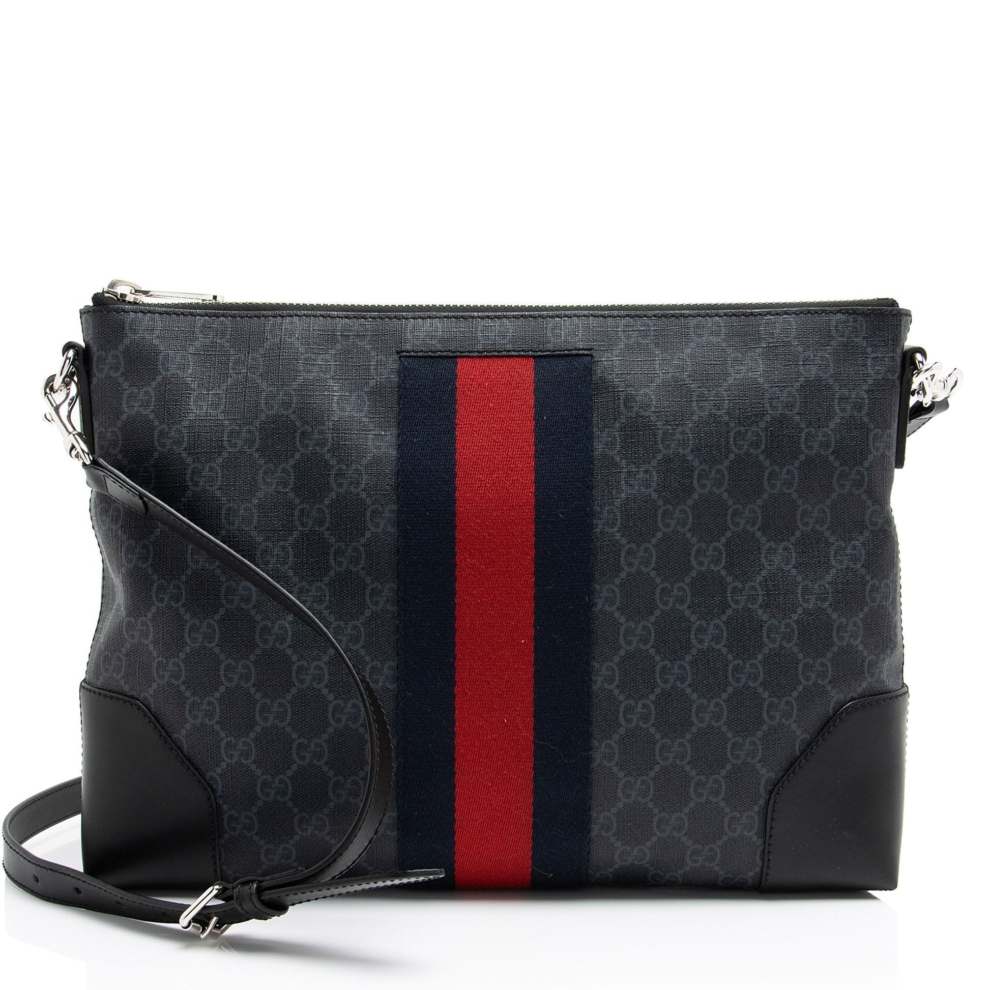 Gucci GG Supreme Web Flat Square Leather Canvas Nylon Black Shoes