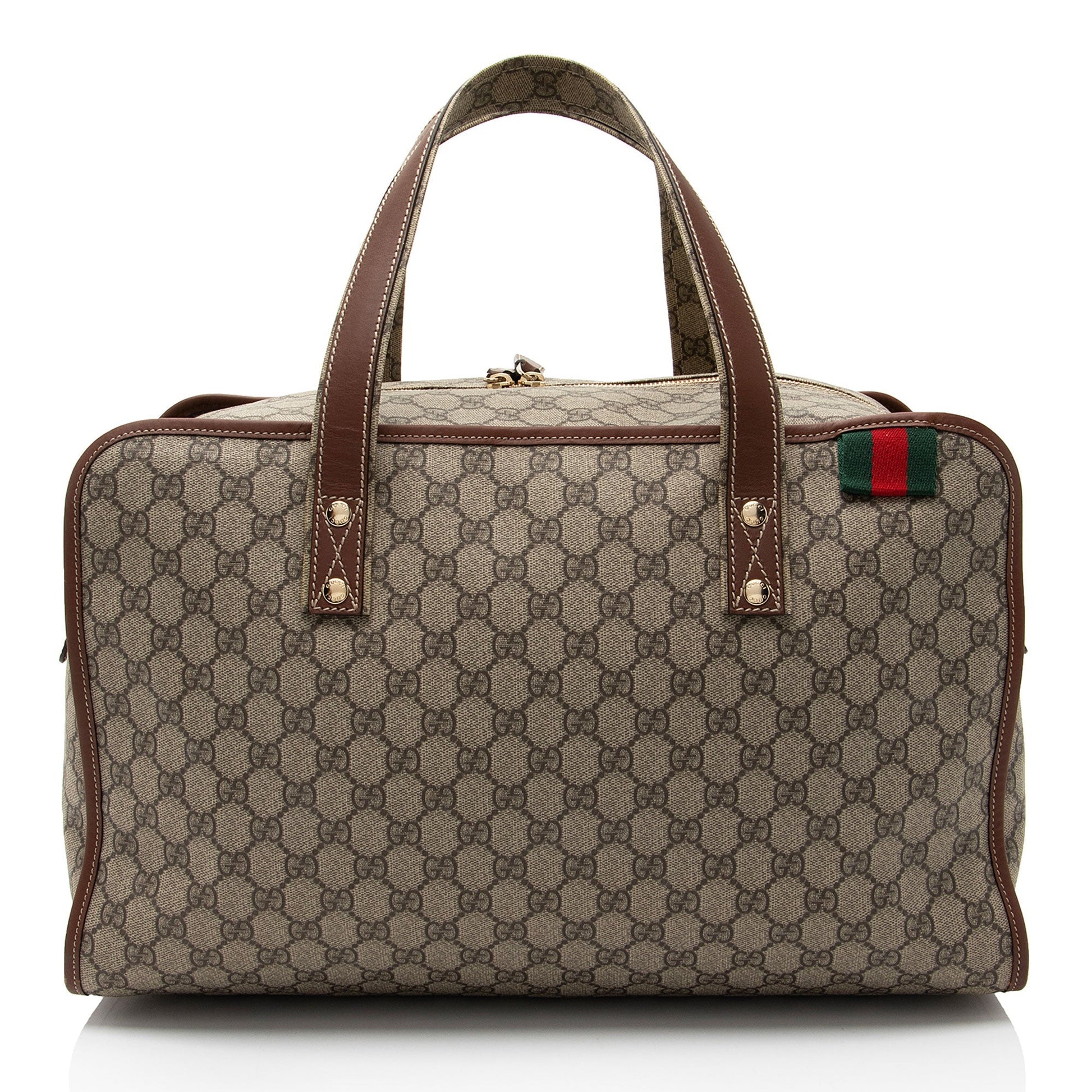 Gucci GG Supreme Web Loop Duffle Leather Canvas Nylon Brown Travel Bag