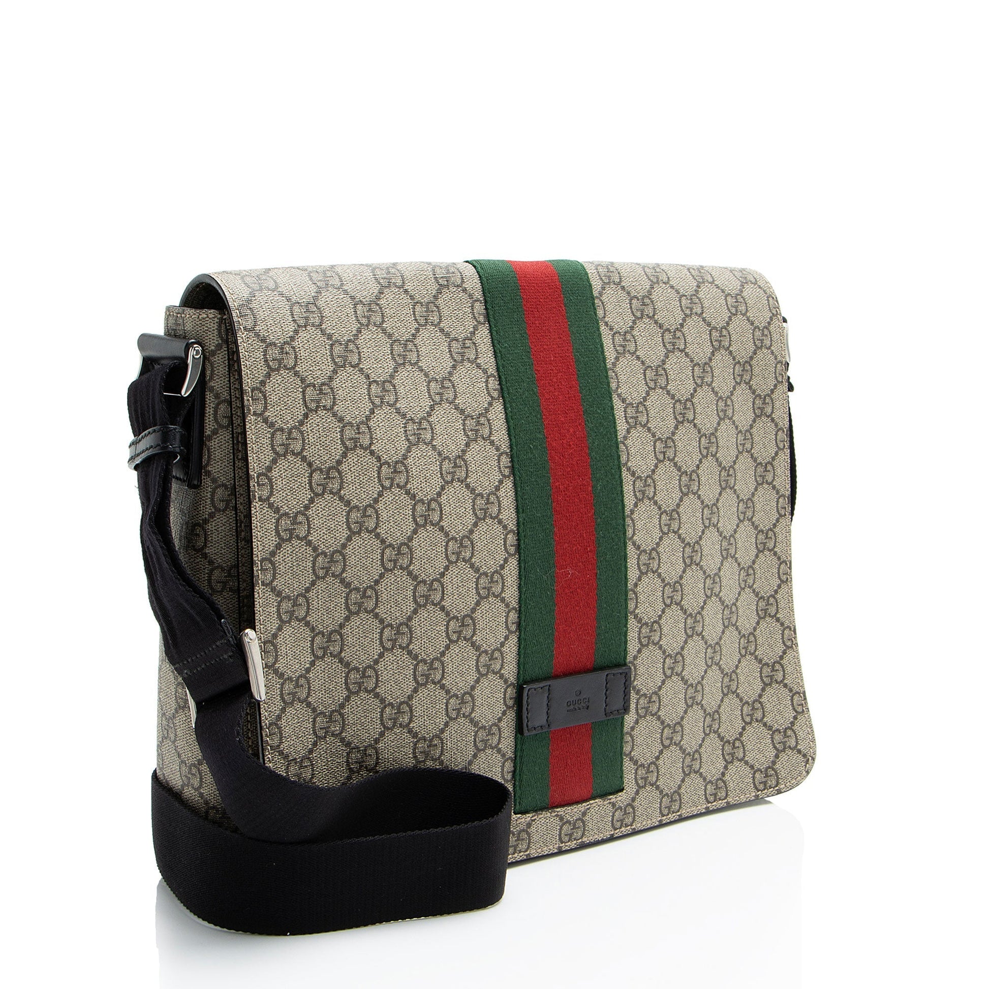 Gucci GG Supreme Web Flap Messenger Leather Canvas Nylon Brown Shoulder Bag