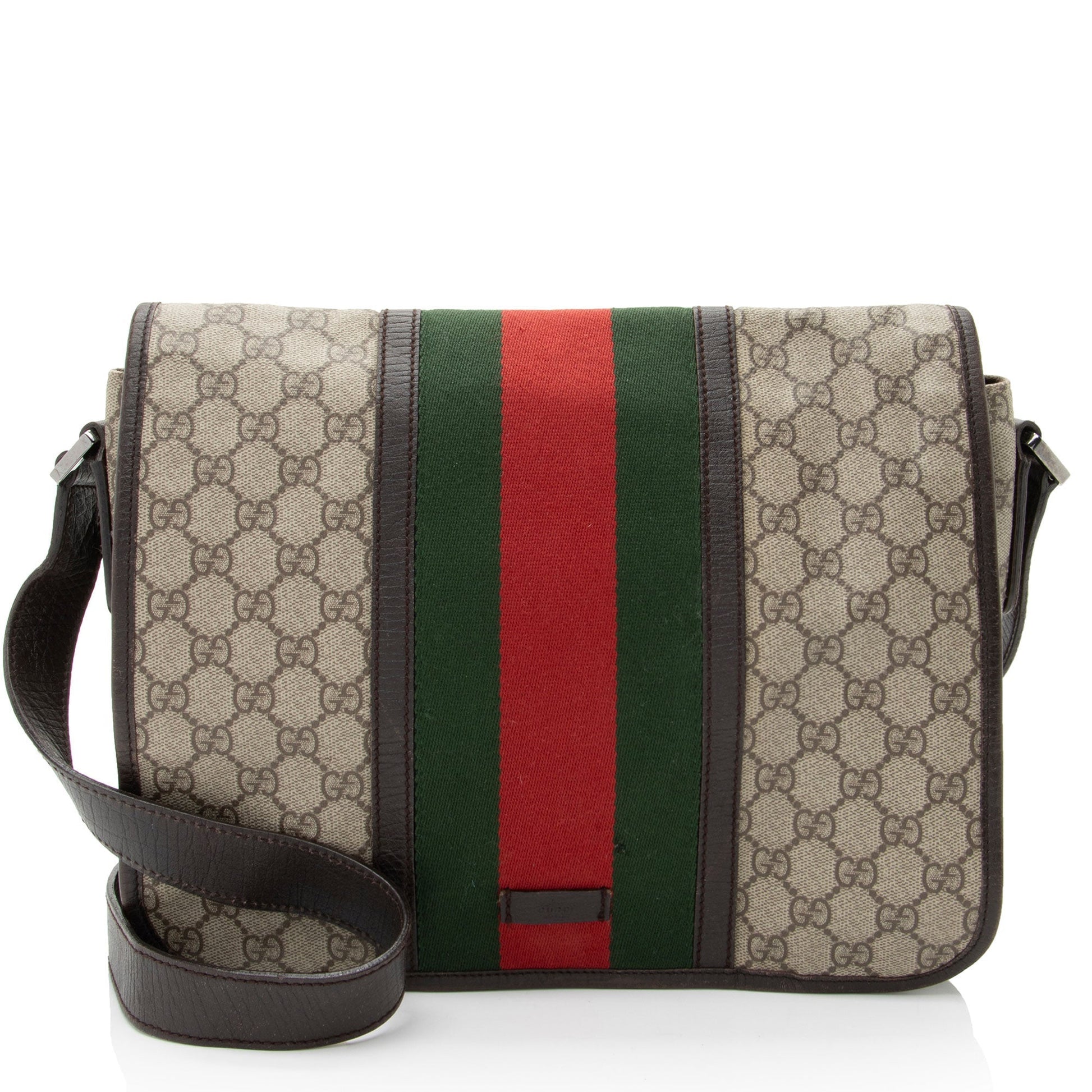 Gucci GG Supreme Web Flap Messenger Leather Canvas Nylon Brown Shoulder Bag Flap Messenger