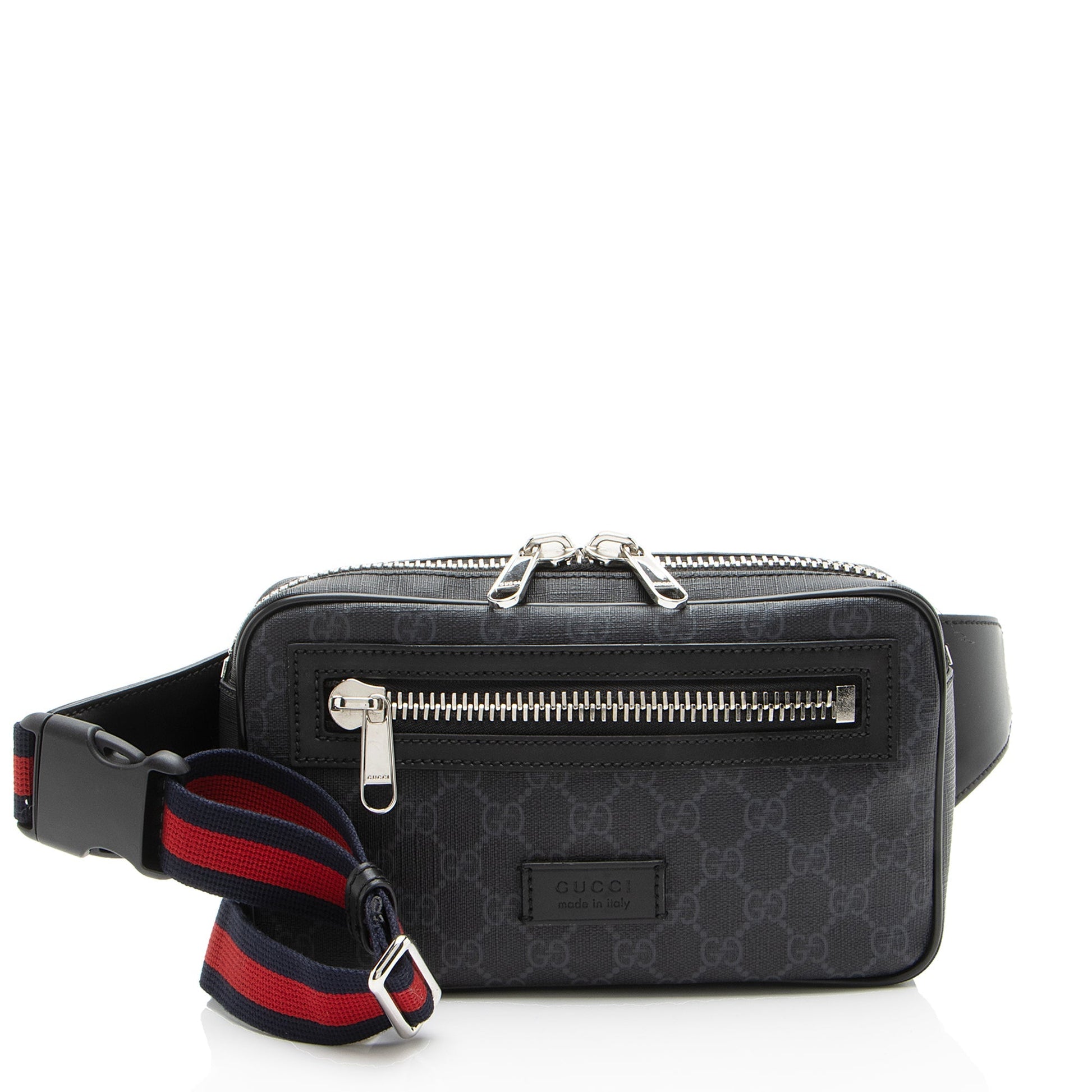 Gucci GG Supreme Web Zip Belt Leather Nylon Black Grey Accessory