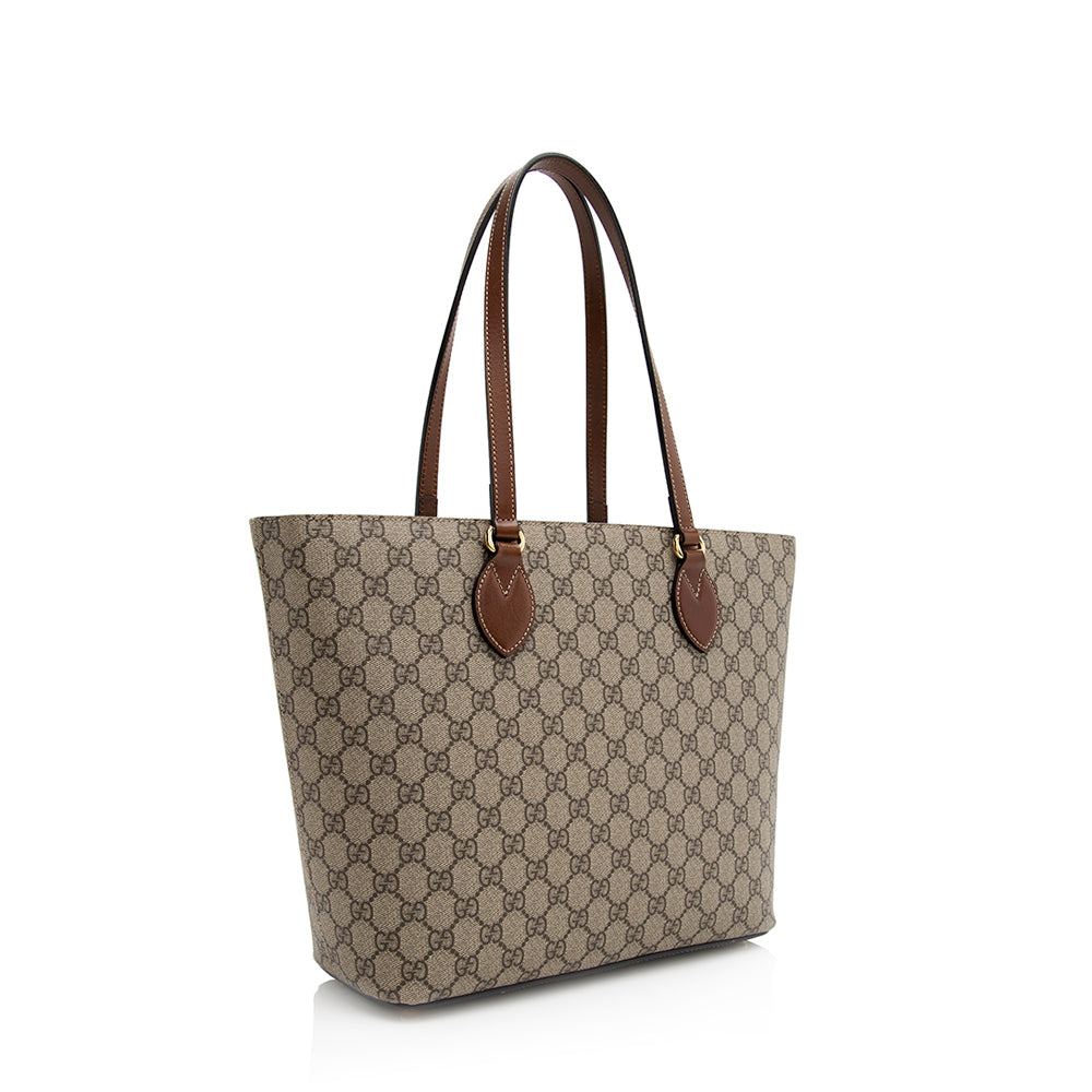 Gucci GG Supreme Zip SHF Leather Canvas Brown Beige Tote Bag