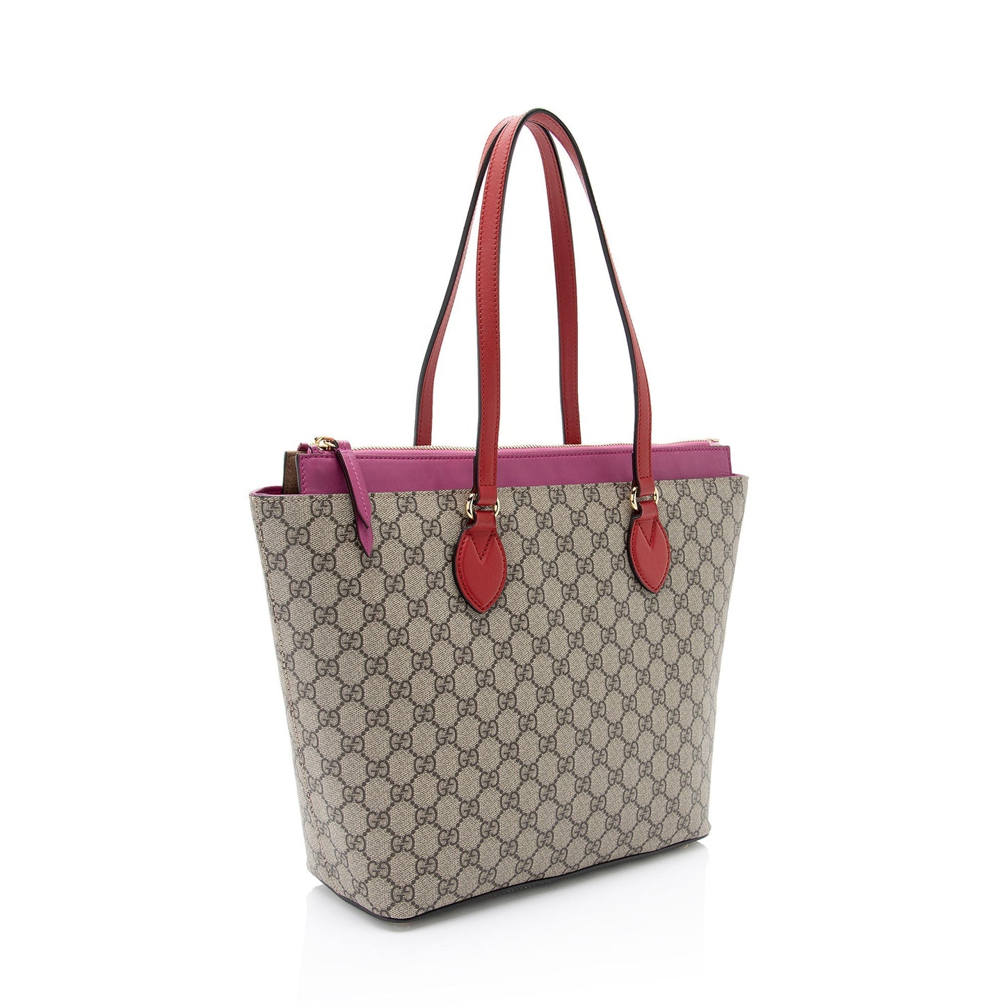 Gucci GG Supreme Zip Leather Canvas Beige Red Tote Bag