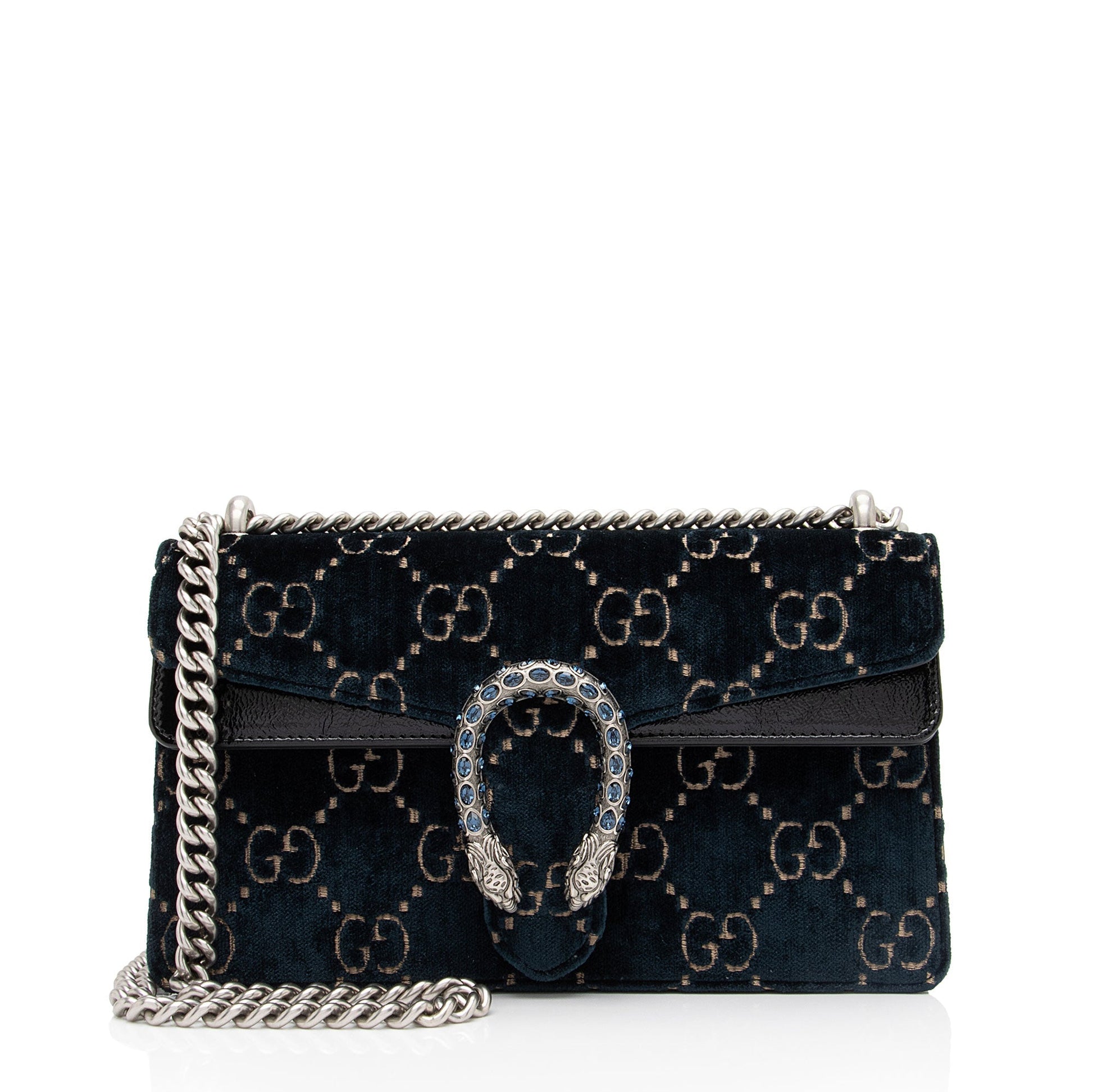 Gucci GG Velvet Dionysus SHF-KJgwRg Leather Patent Black Blue Crossbody Bag