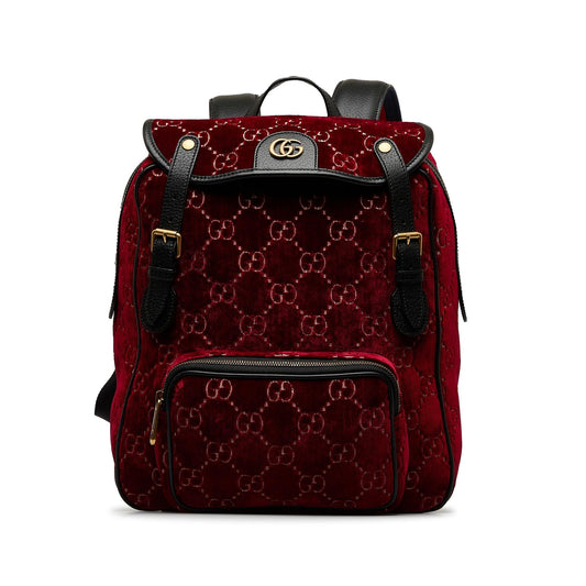 Gucci GG Velvet Double Buckle Backpack Calf Red