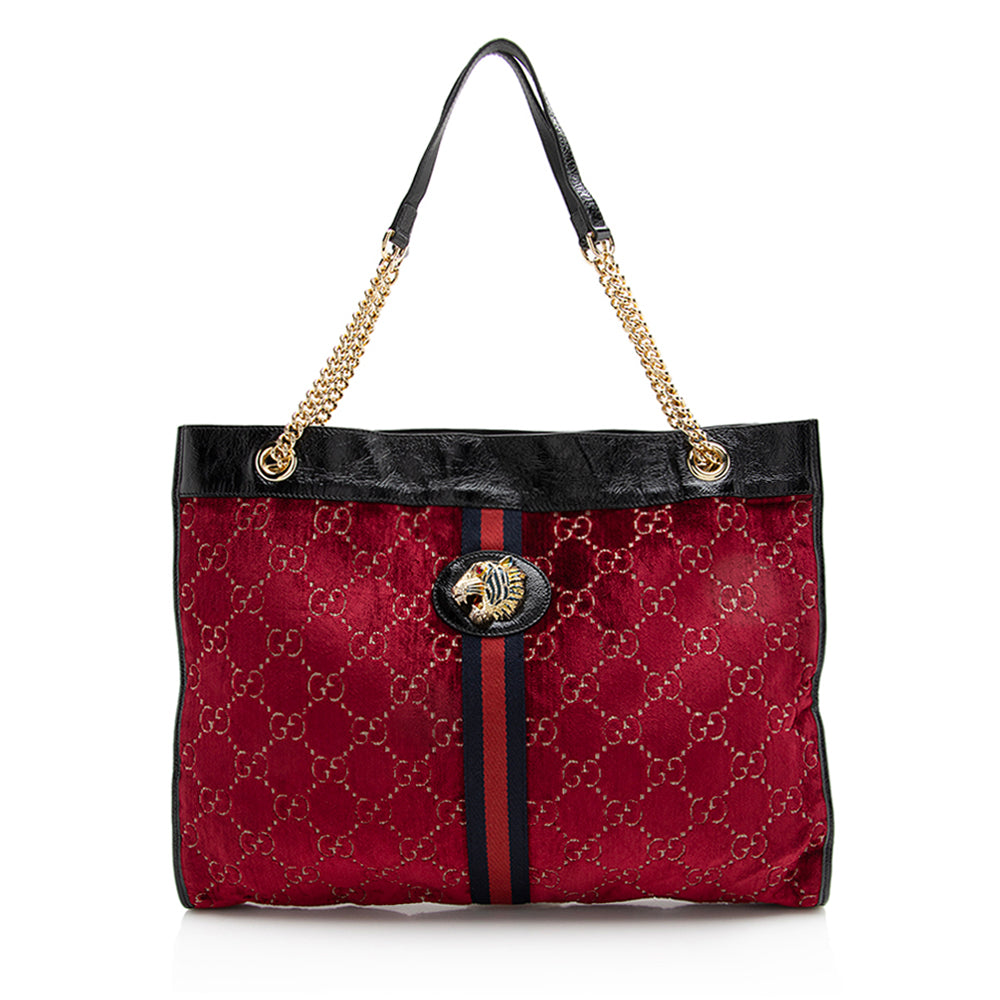 Gucci GG Velvet Rajah SHF Leather Nylon Black Red Tote Bag