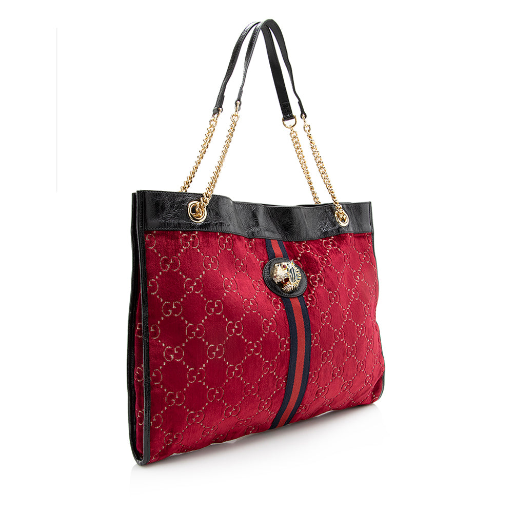 Gucci GG Velvet Rajah SHF Leather Nylon Black Red Tote Bag
