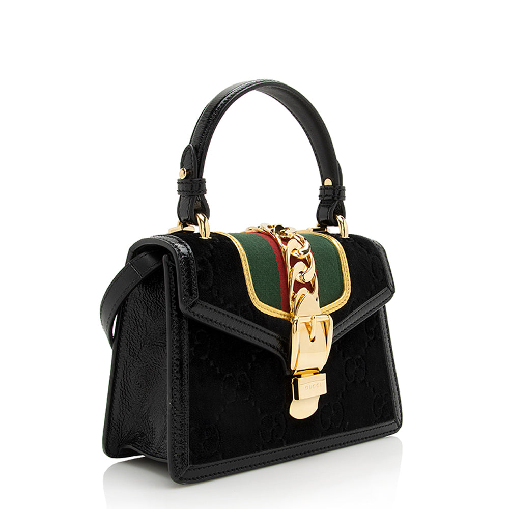 Gucci GG Velvet Sylvie SHF Leather Nylon Patent Black Satchel Bag