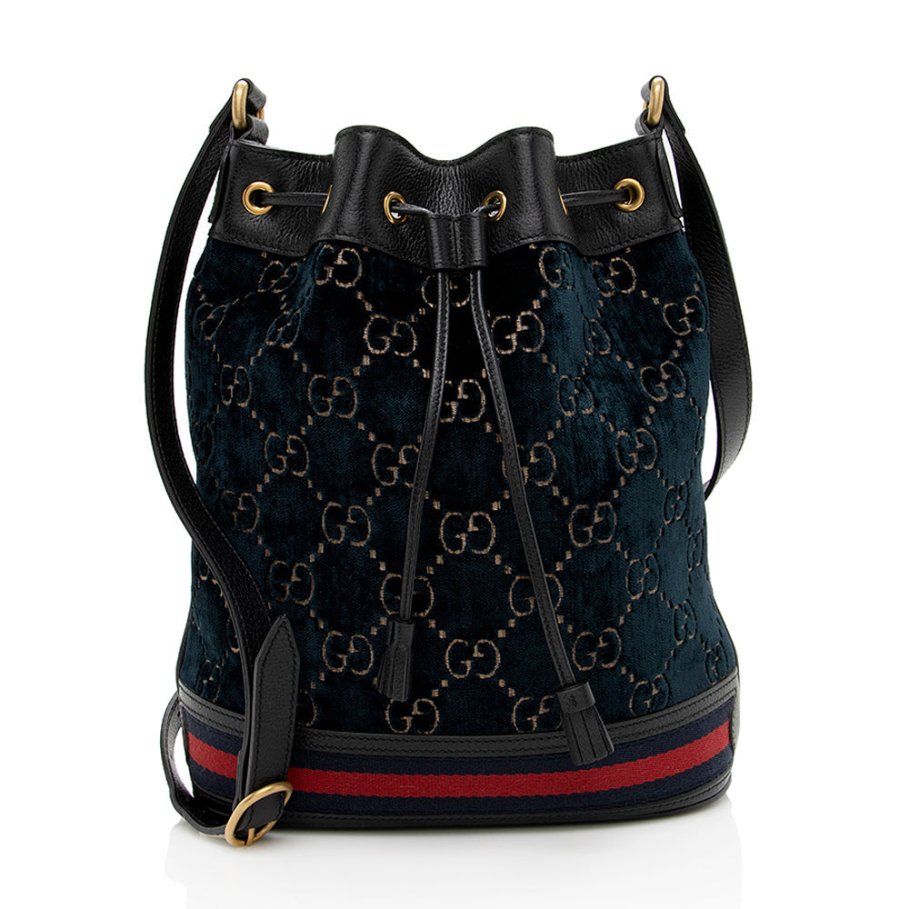 Gucci GG Velvet Web SHF Leather Nylon Blue Bucket Shoulder Bag