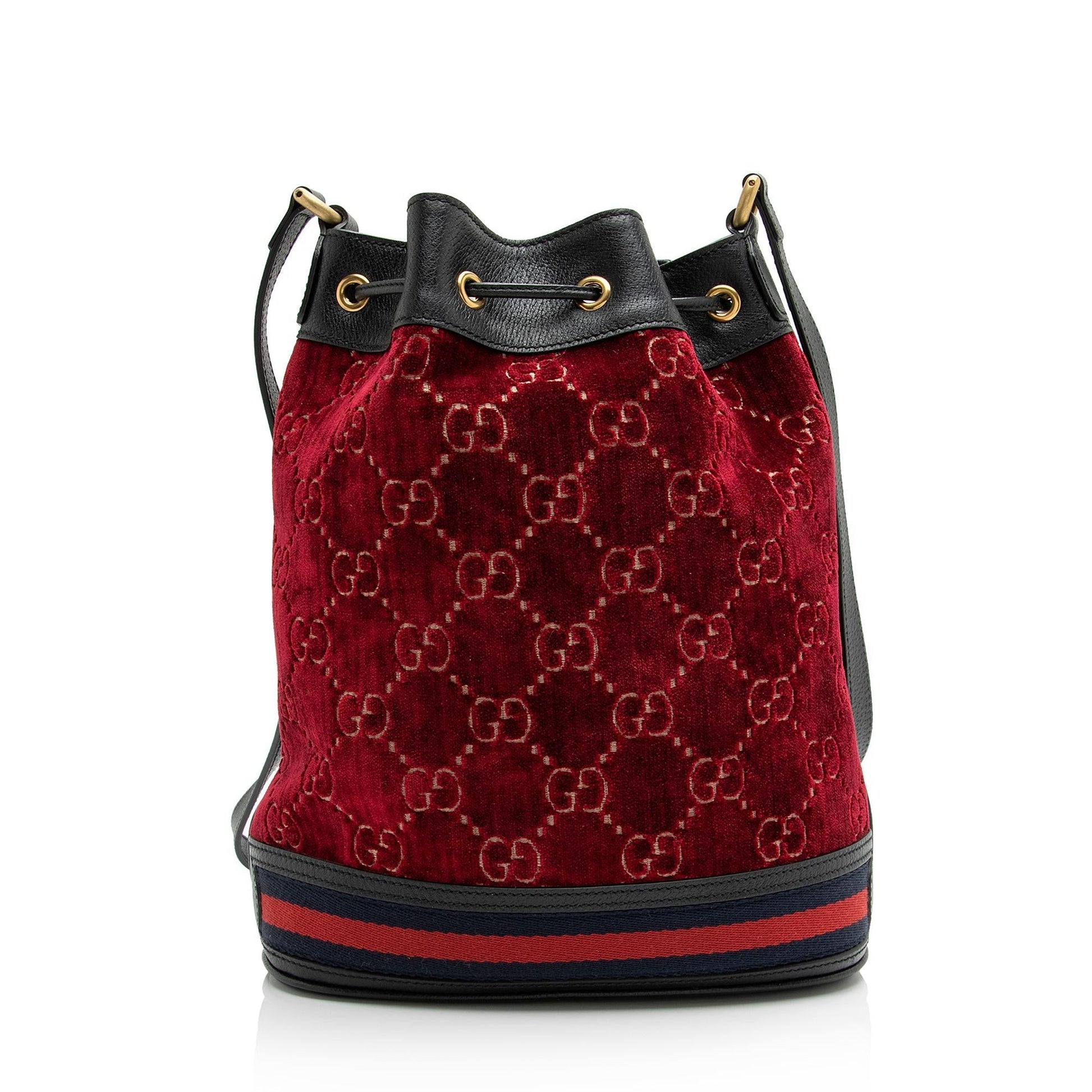 Gucci GG Velvet Web Bucket SHF Leather Nylon Black Red Crossbody Bag