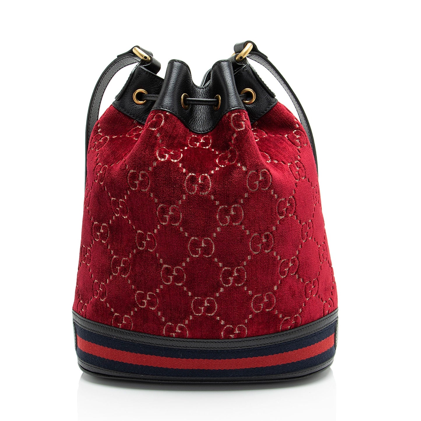 Gucci GG Velvet Web Bucket Leather Nylon Black Red Shoulder Bag