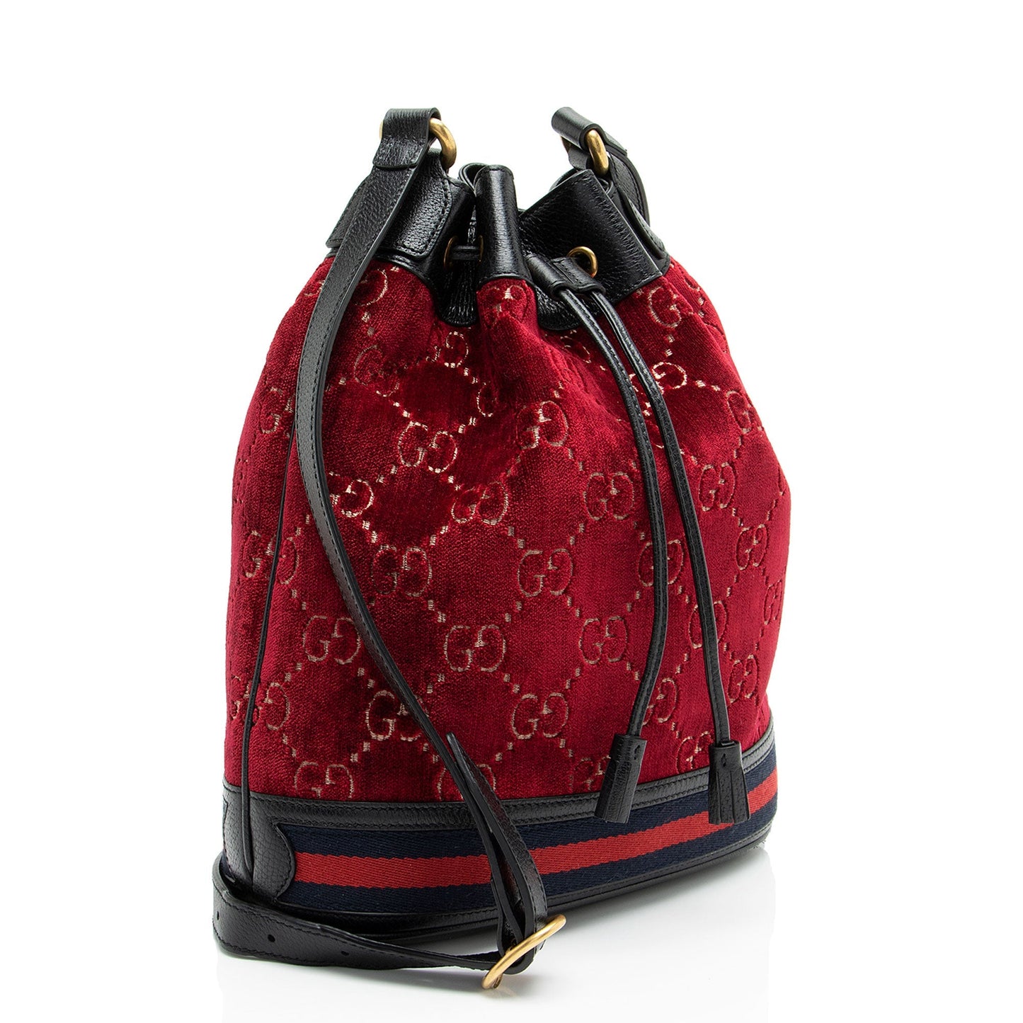 Gucci GG Velvet Web Bucket Leather Nylon Black Red Shoulder Bag