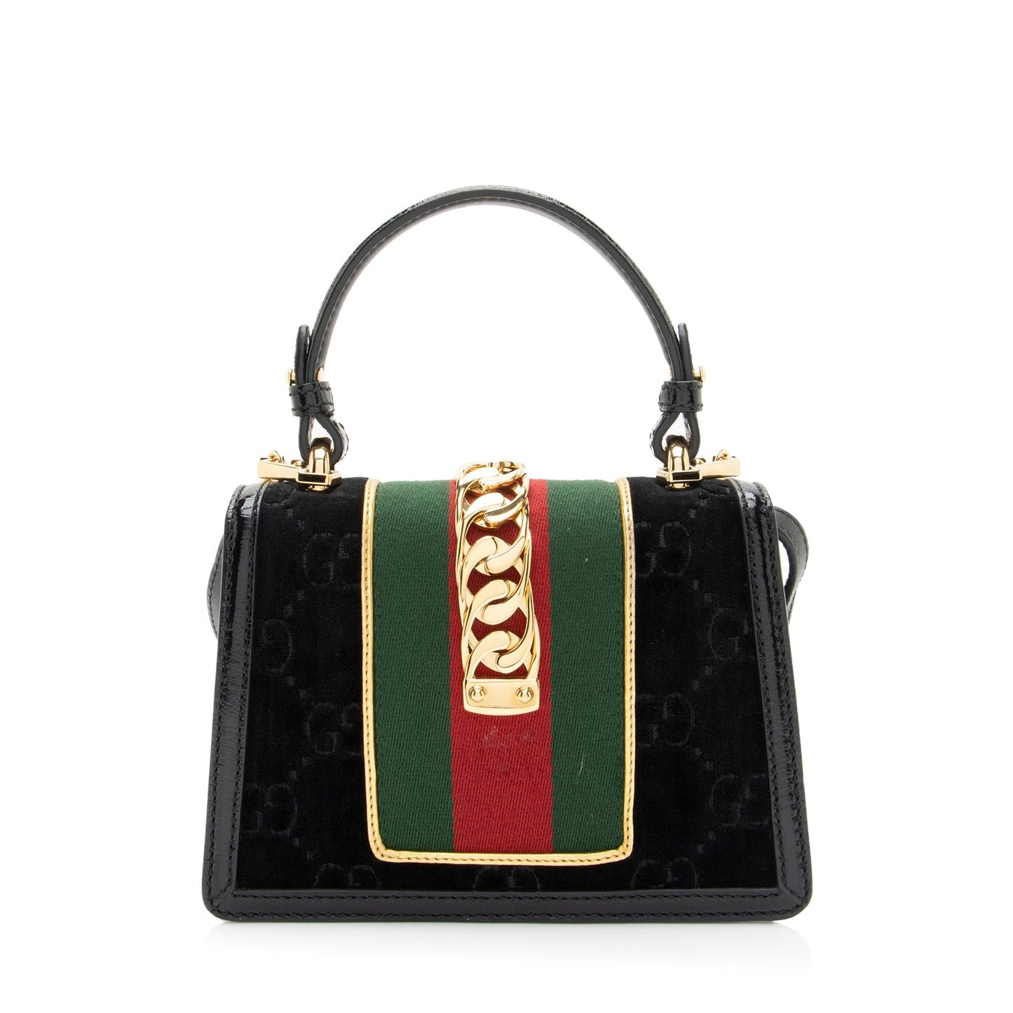 Gucci GG Velvet Web Sylvie Top Leather Nylon Patent Black Satchel Bag
