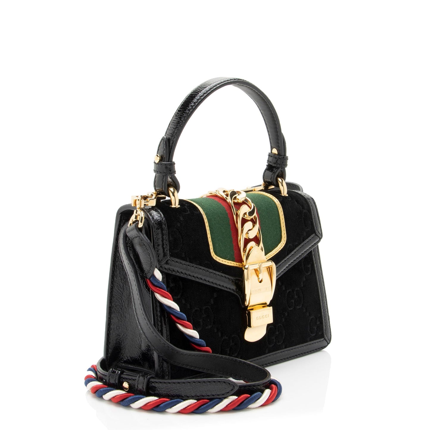 Gucci GG Velvet Web Sylvie Top Leather Nylon Patent Black Satchel Bag
