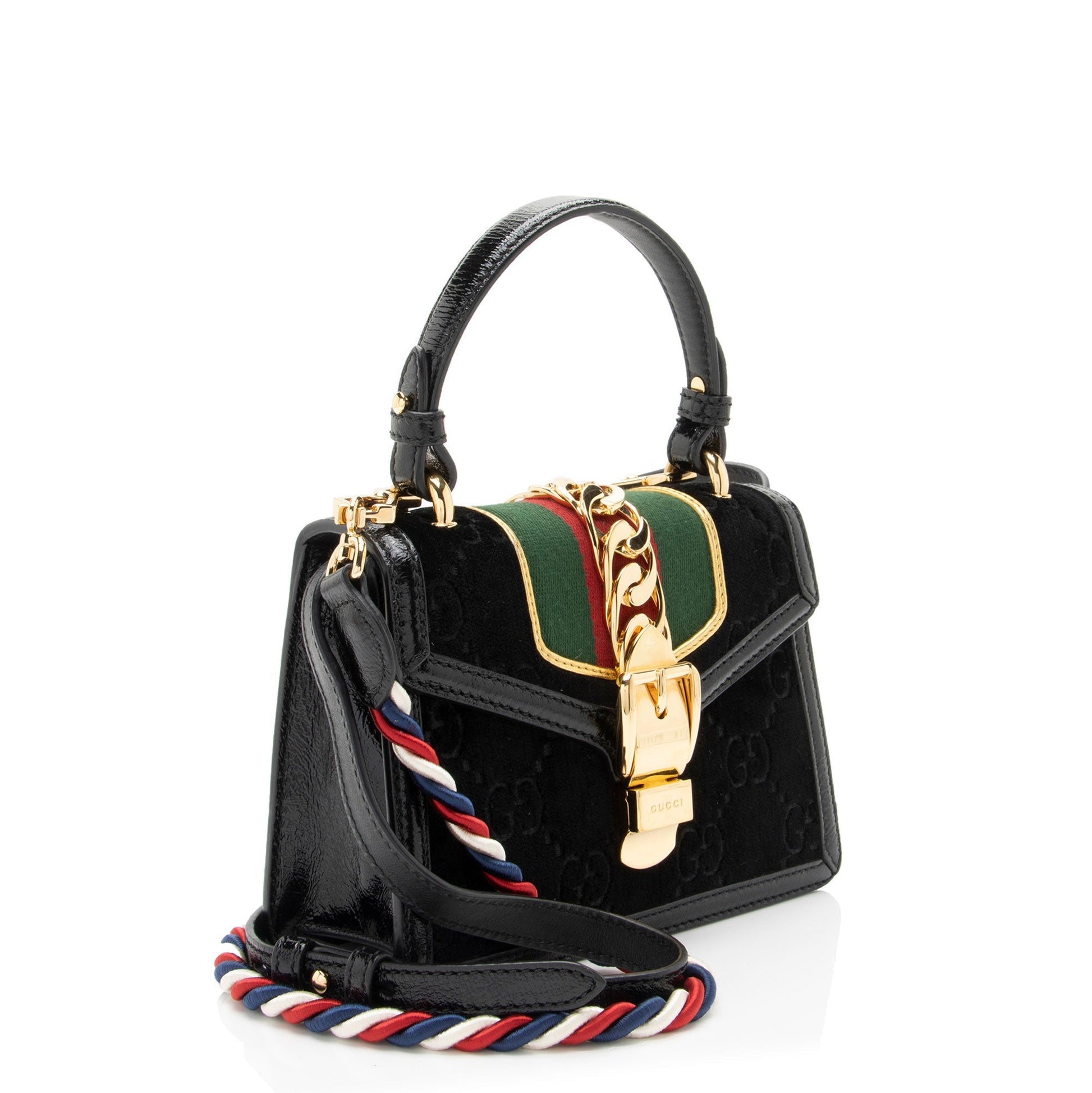 Gucci GG Velvet Web Sylvie Top Leather Nylon Patent Black Satchel Bag
