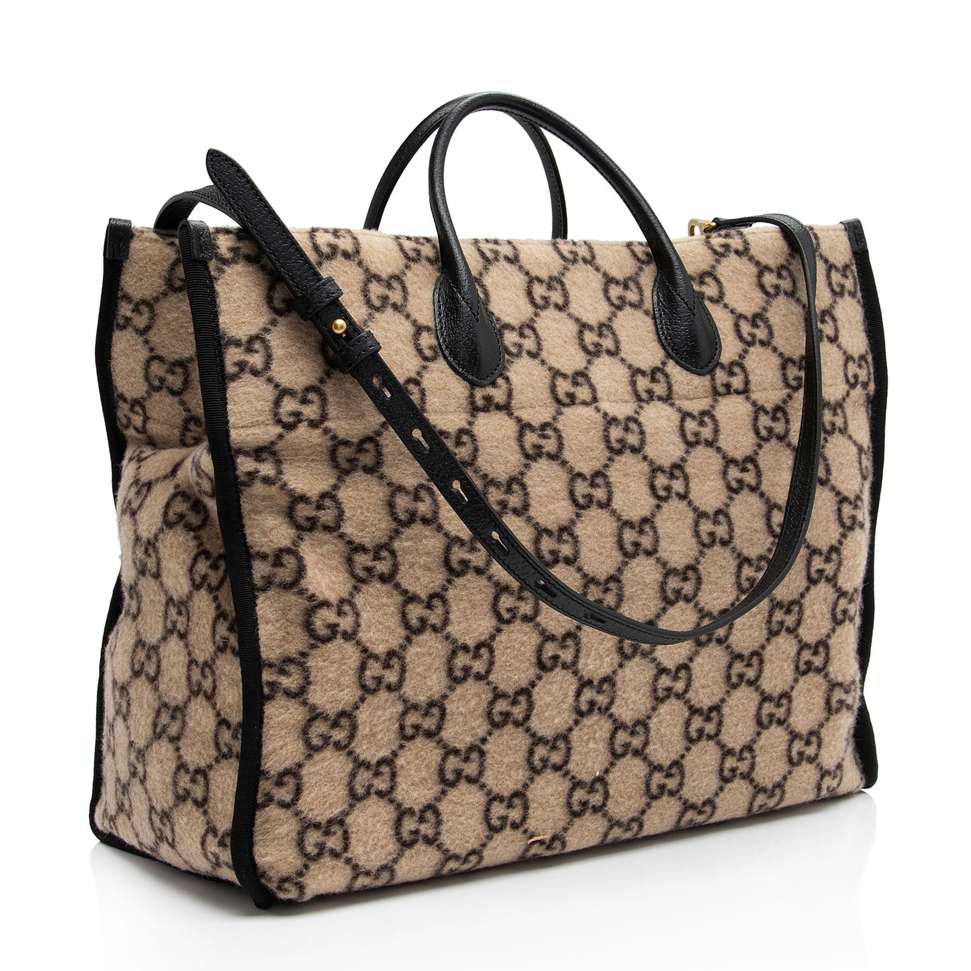 Gucci GG Wool Shopping SHF-SJaOJQ Leather Nylon Black Beige Tote Bag