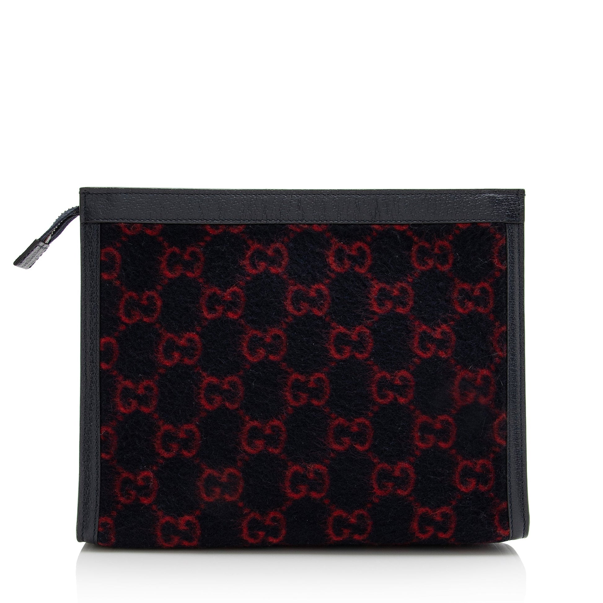 Gucci GG Wool Zip Pouch SHF Leather Black Red Clutch Bag
