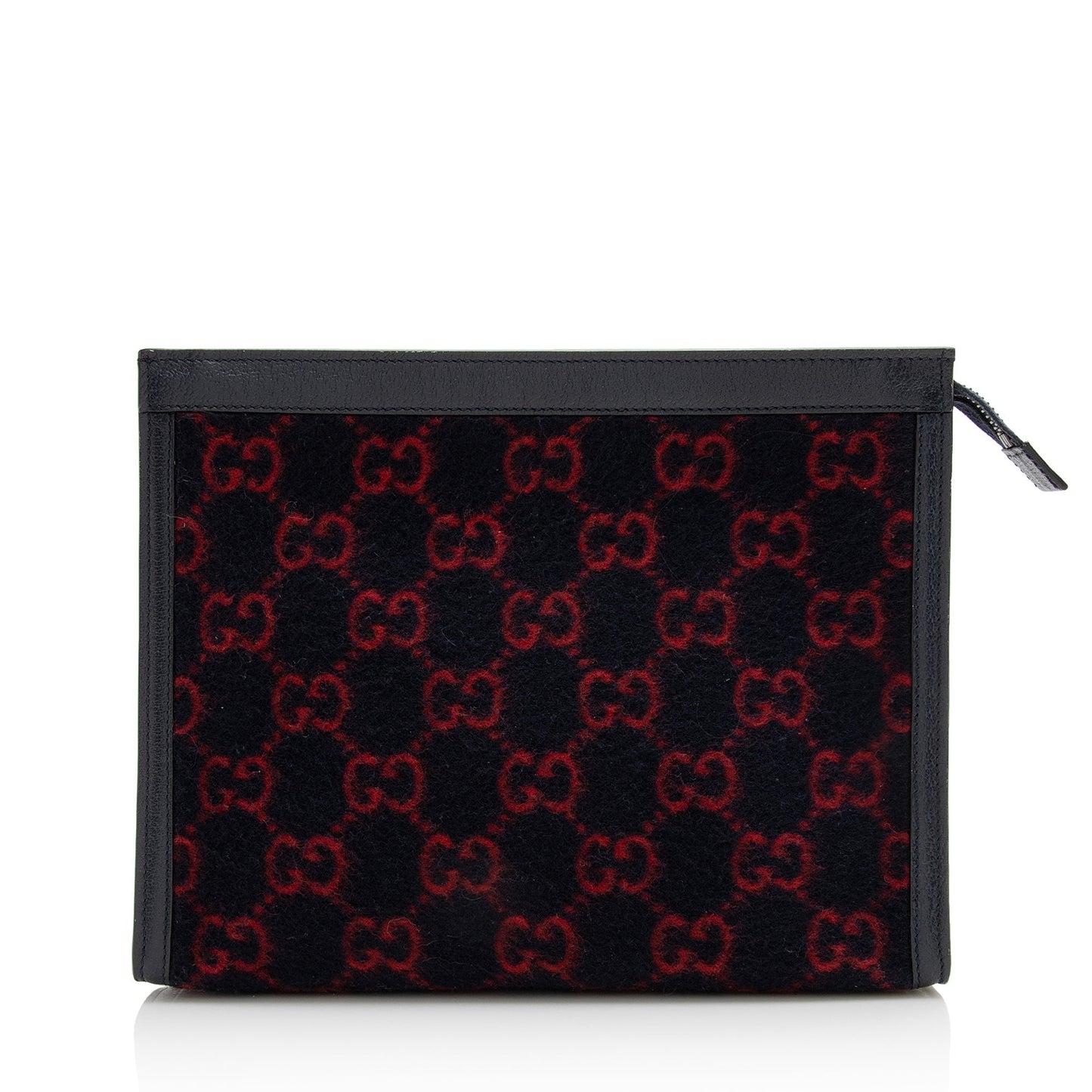 Gucci GG Wool Zip Pouch SHF Leather Black Red Clutch Bag