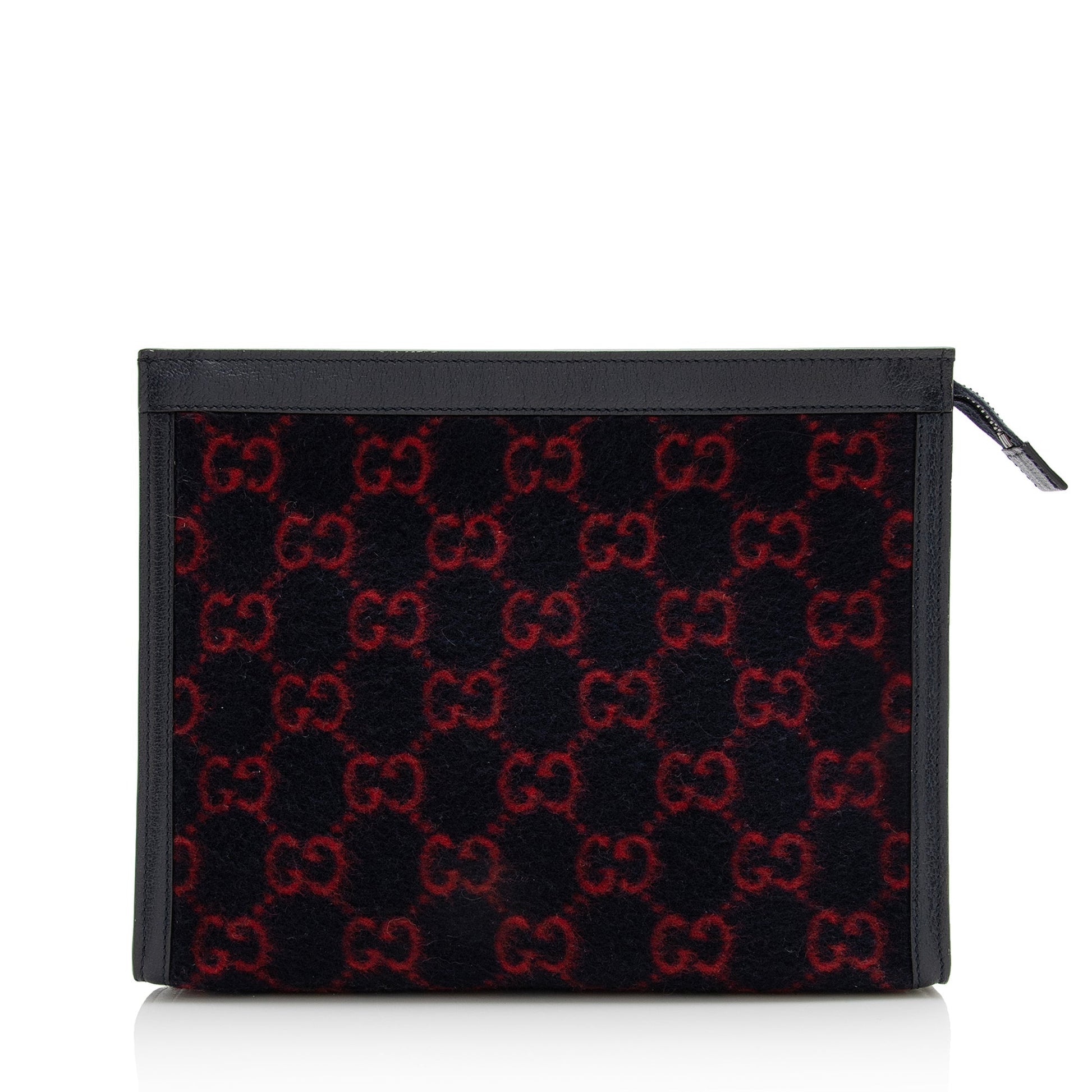 Gucci GG Wool Zip Pouch SHF Leather Black Red Clutch Bag