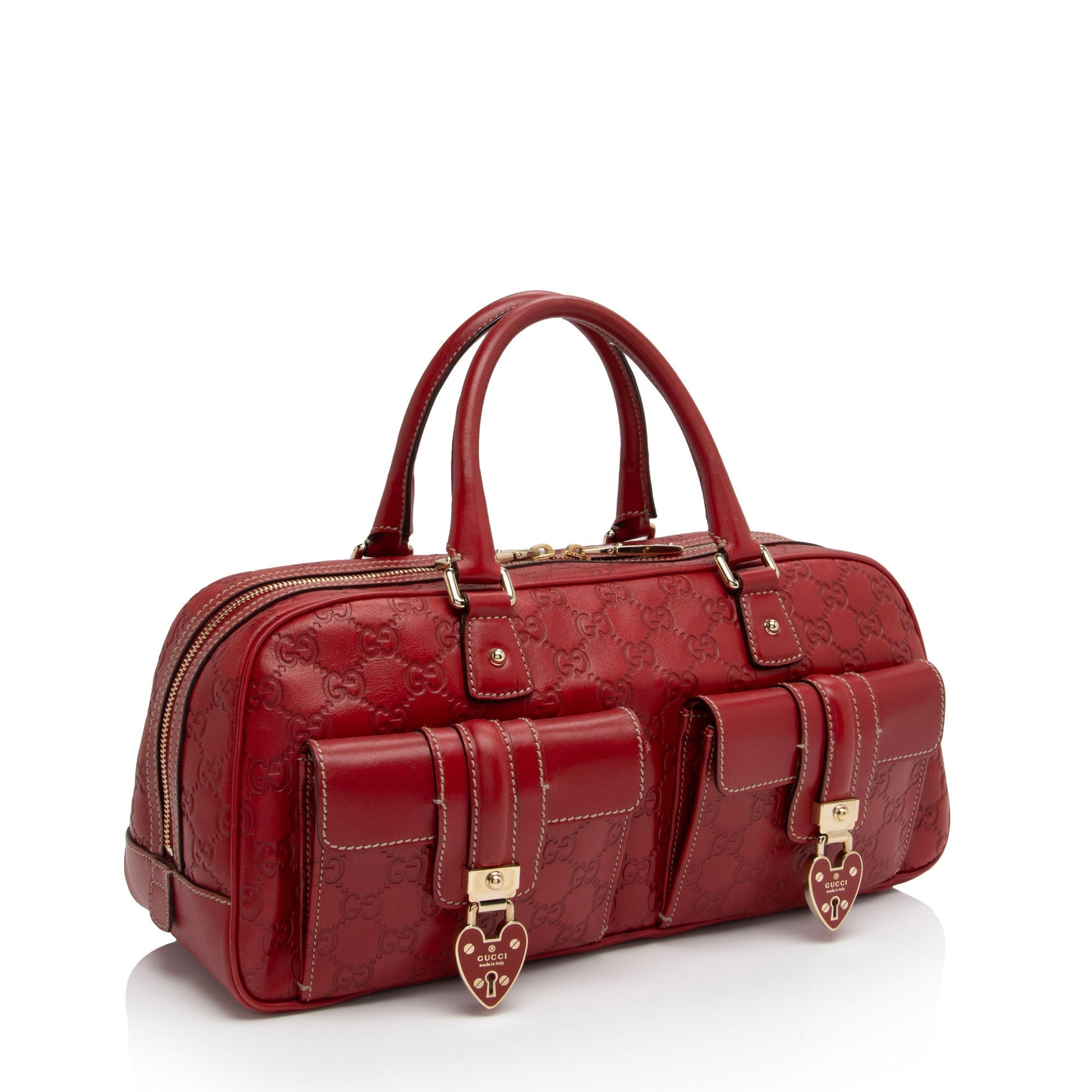 Gucci Guccissima Hearts Double Pocket SHF-vNNtte Leather Red Satchel Bag