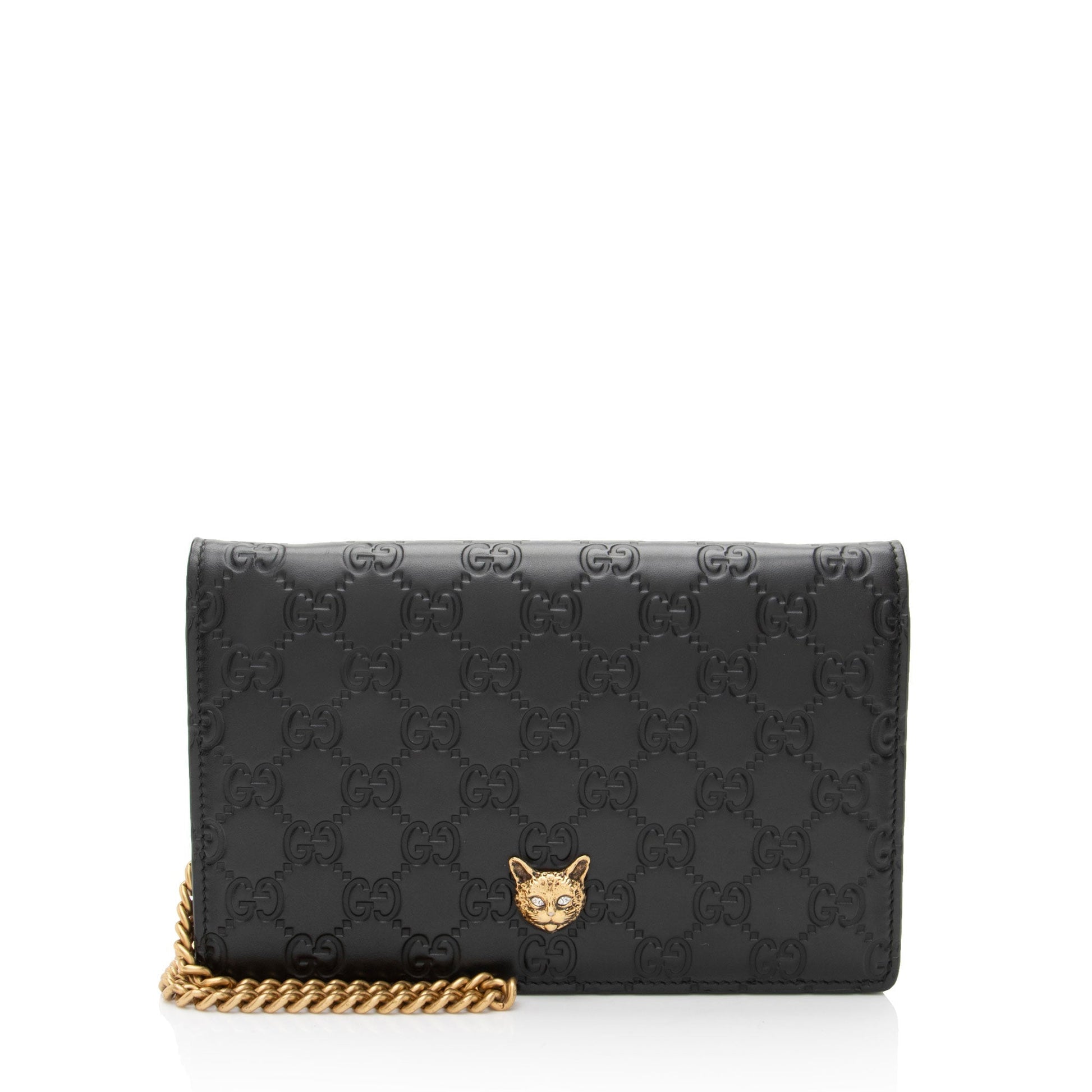 Gucci Guccissima Crystal Cat Wallet on Leather Black Chain Crossbody Bag