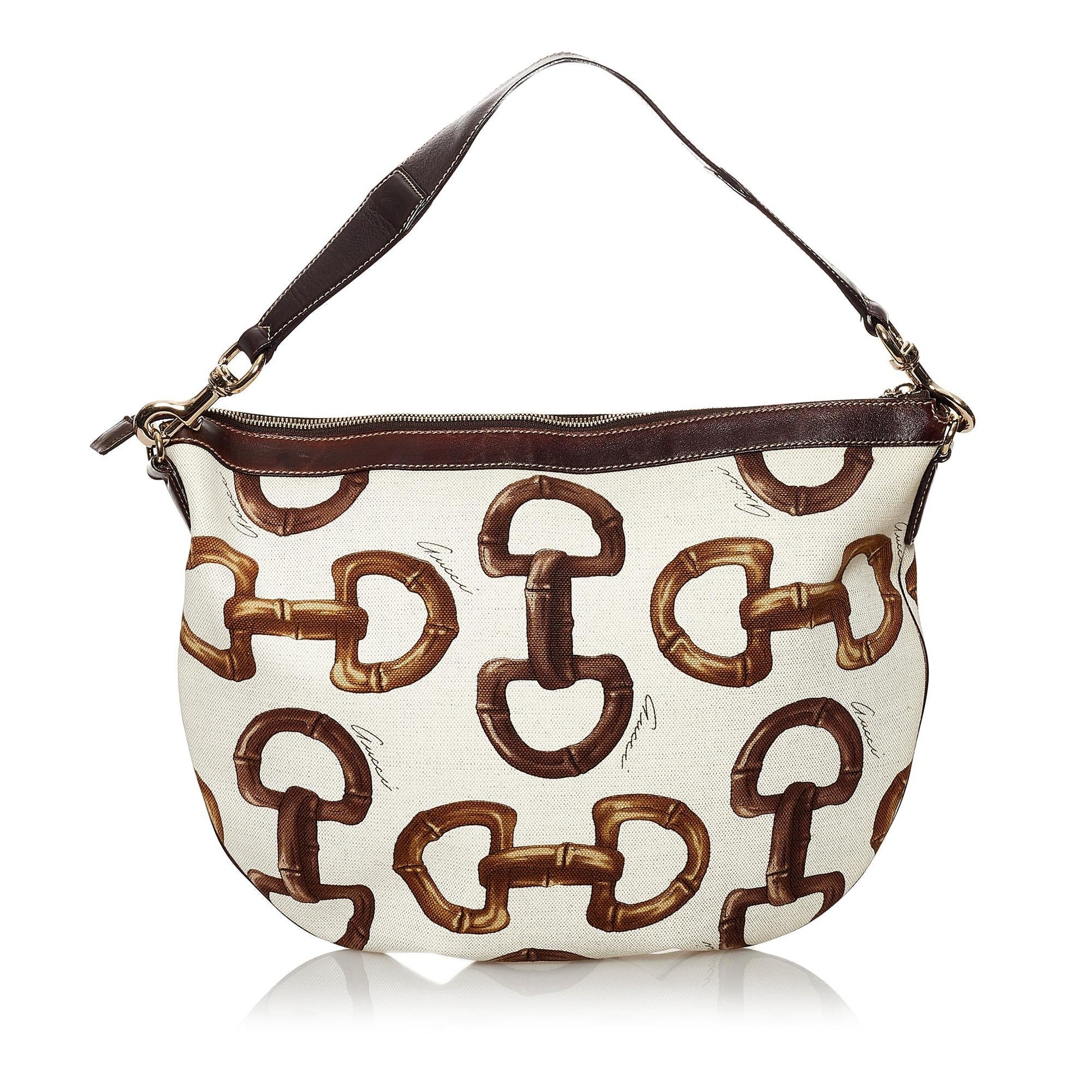 Gucci Horsebit SHG Canvas White Brown Shoulder Bag