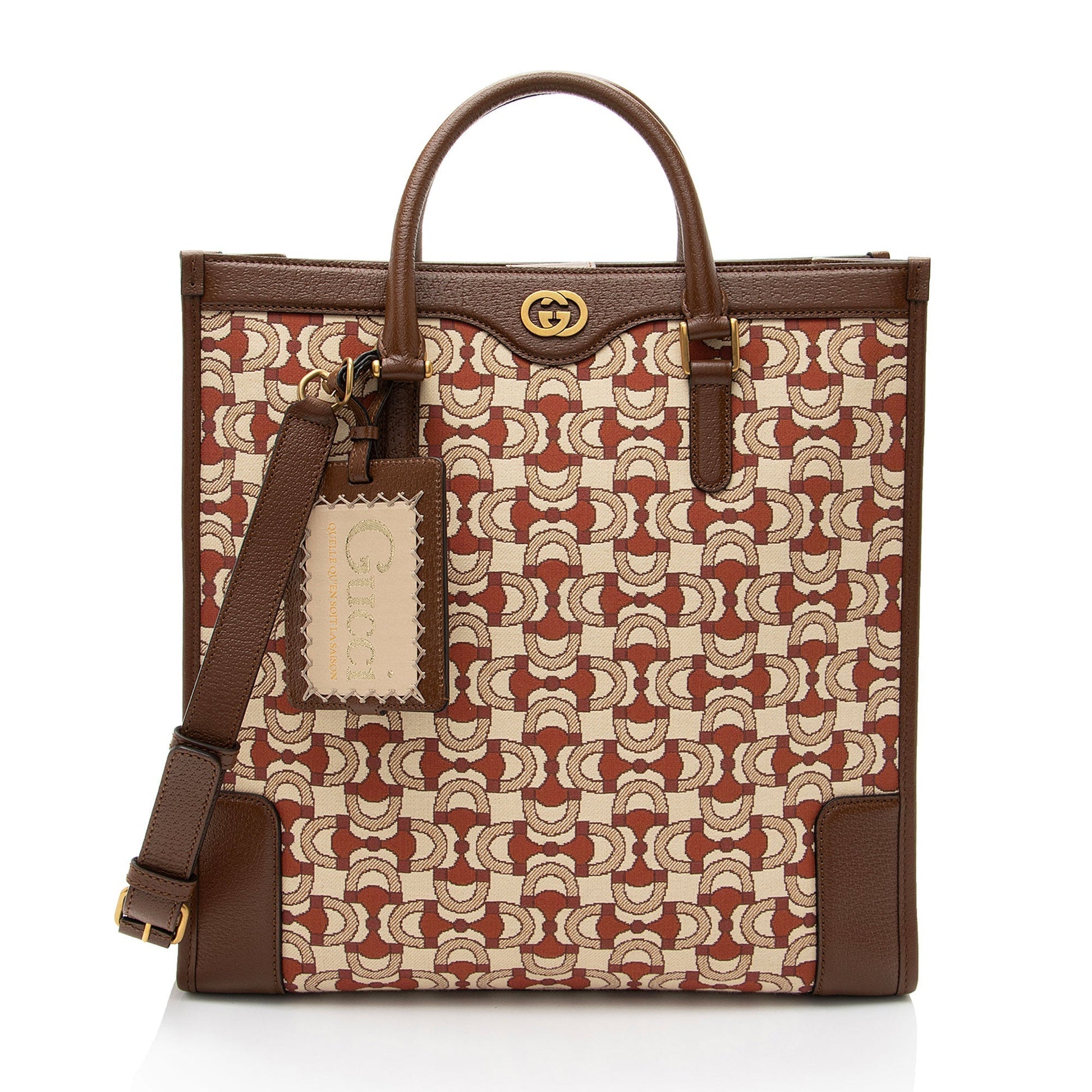 Gucci Horsebit Jacquard Interlocking G Leather Canvas Brown Tote Bag