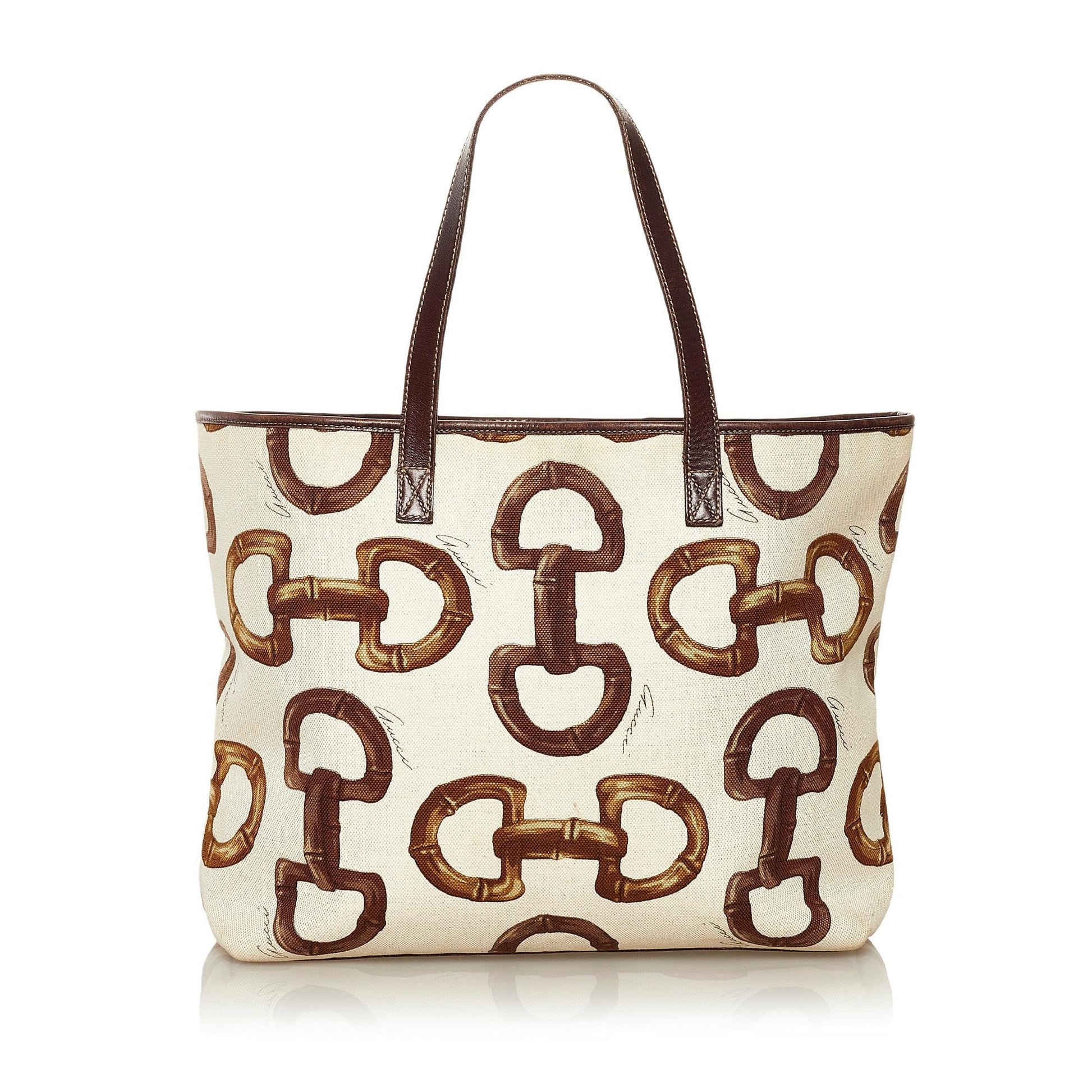 Gucci Horsebit SHG Canvas White Brown Tote Bag