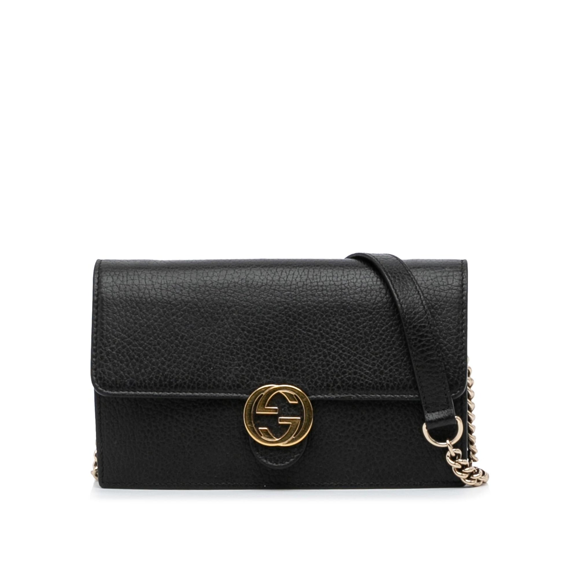 Gucci Interlocking G Wallet On SHG-NboyGA Calf Black Chain Crossbody Bag
