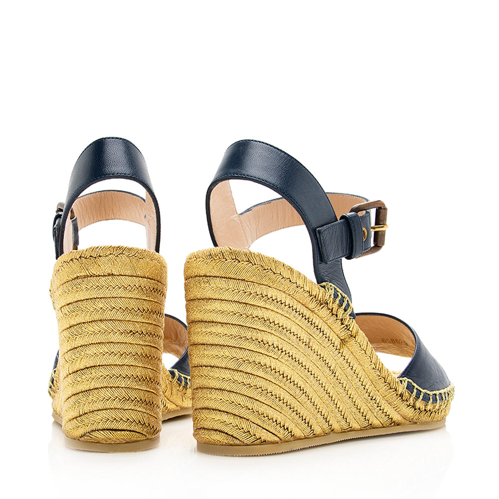 Gucci Interlocking GG Espadrille Wedges - Leather Raffia Beige Blue Shoes
