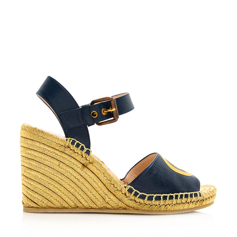 Gucci Interlocking GG Espadrille Wedges - Leather Raffia Beige Blue Shoes
