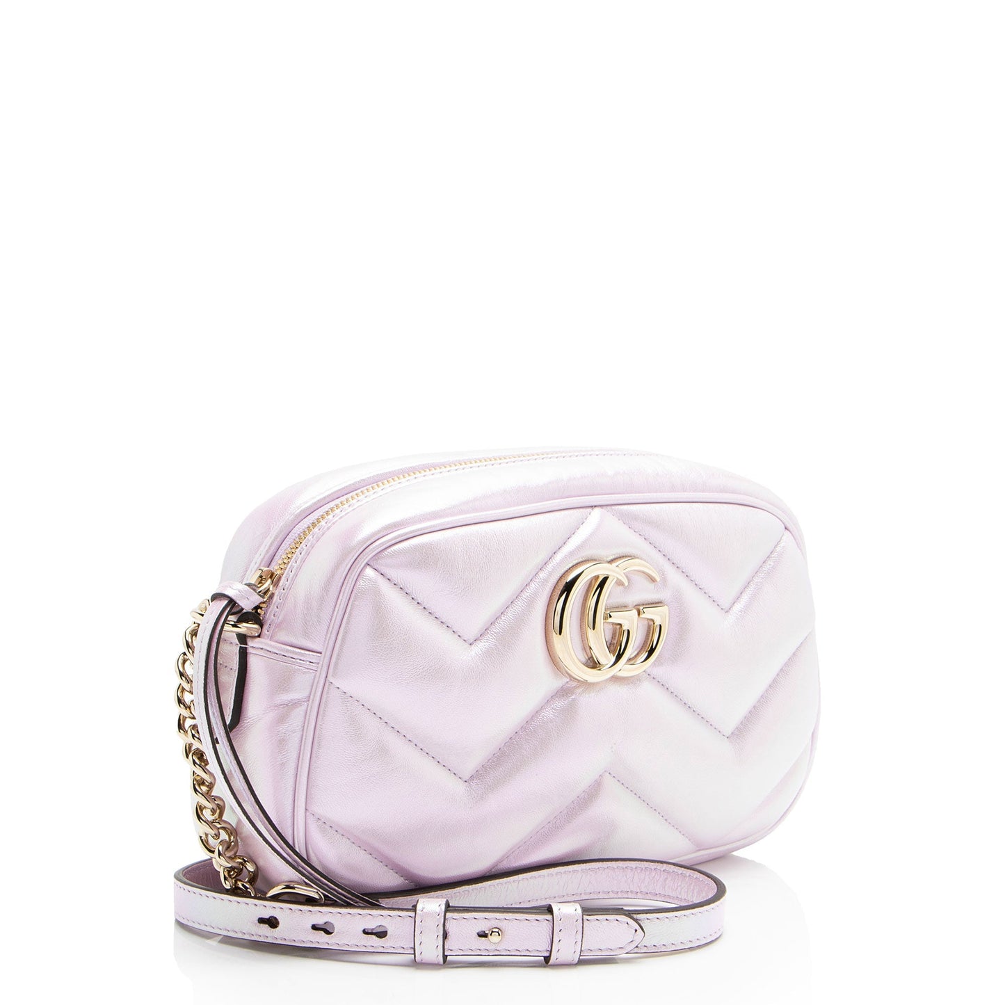 Gucci Padded Iridescent GG Marmont Camera Matelasse Leather Pink Small Crossbody Bag