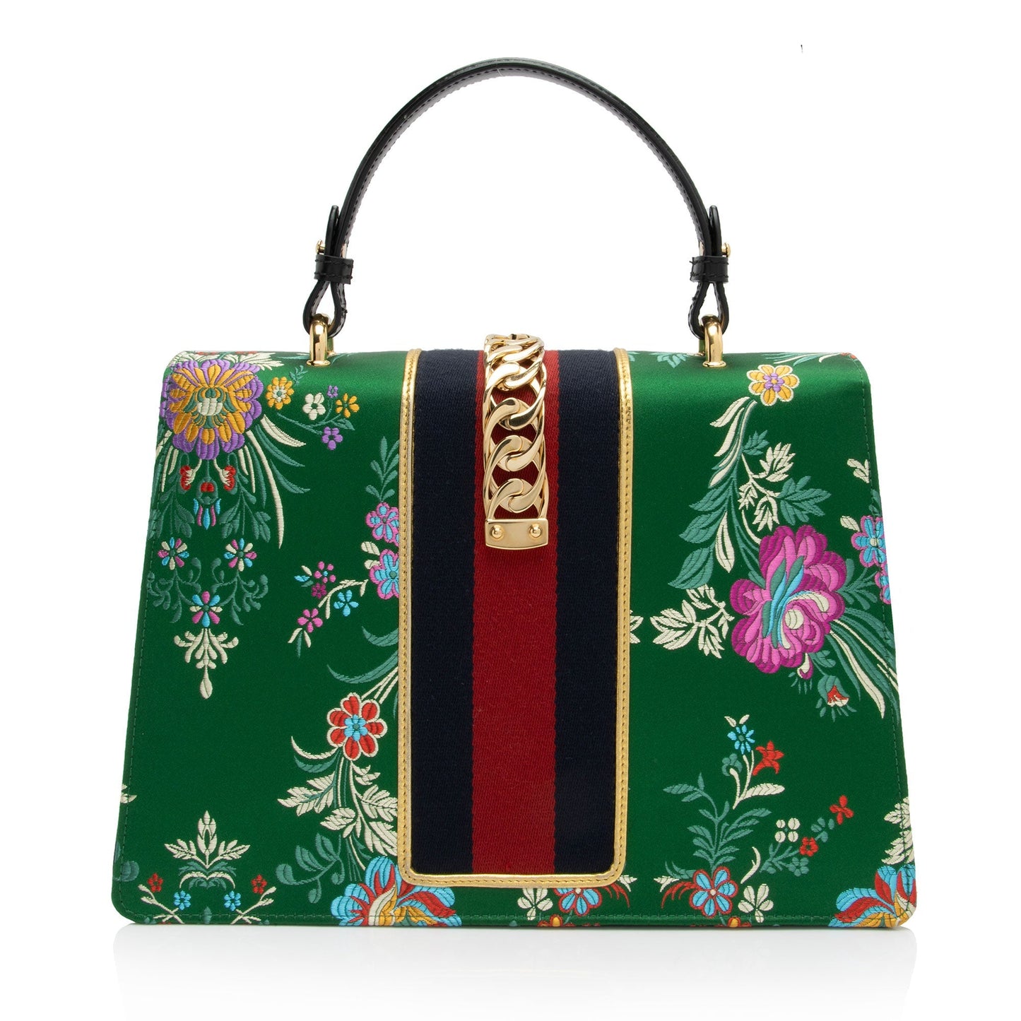 Gucci Jacquard Floral Sylvie Top Handle Leather Nylon Green Medium Satchel Bag