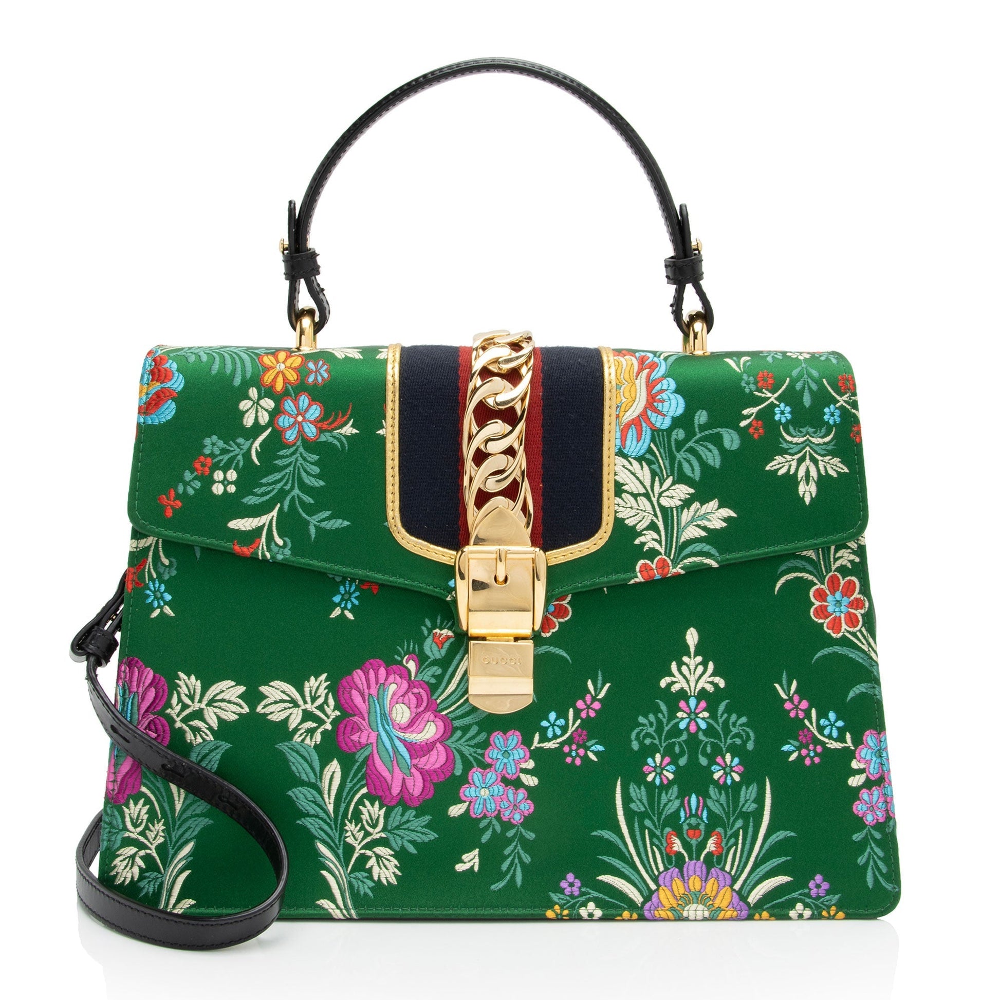 Gucci Jacquard Floral Sylvie Top Handle Leather Nylon Green Medium Satchel Bag