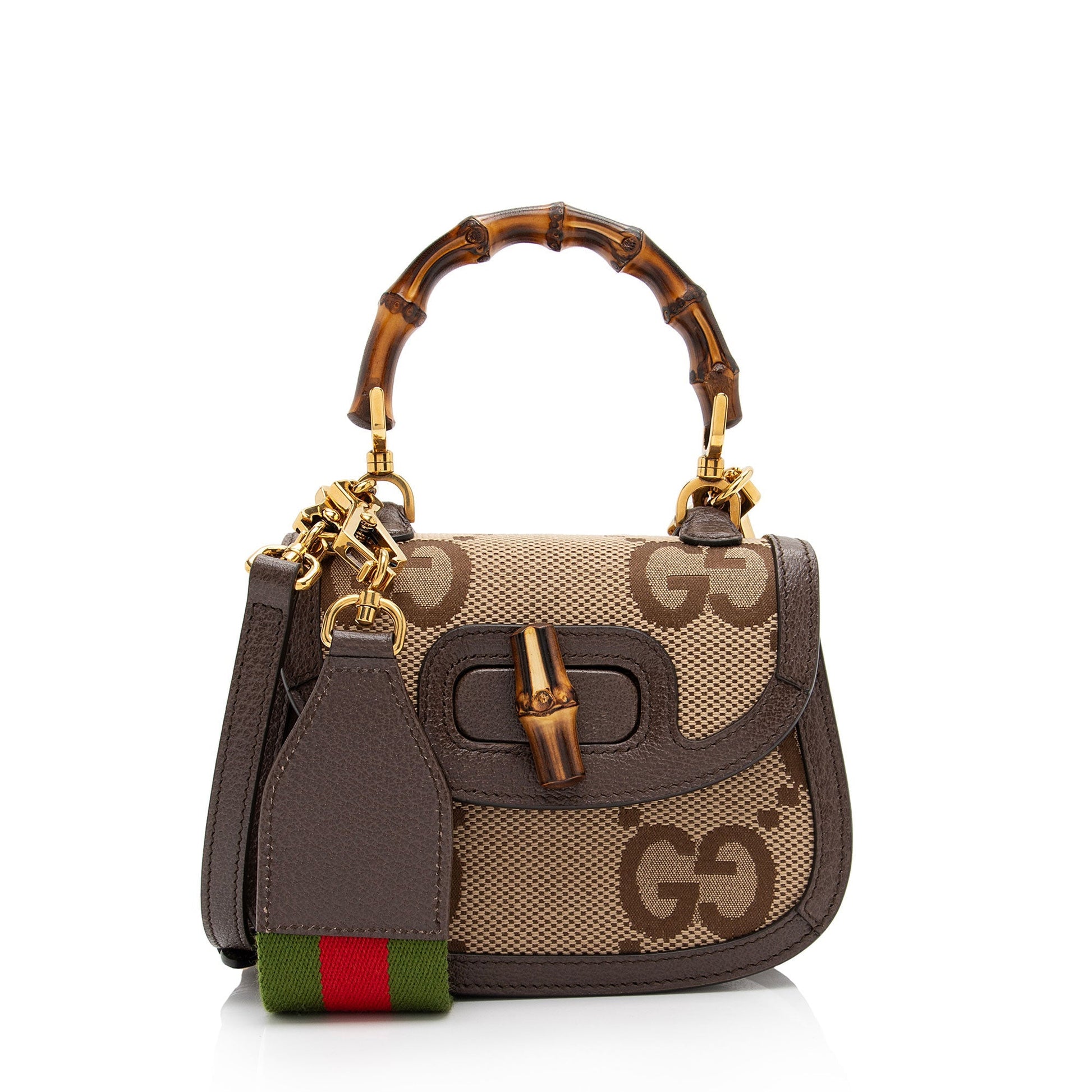 Gucci Jumbo GG Bamboo Top Handle Leather Canvas Nylon Brown Satchel Bag Shf Gbad9H