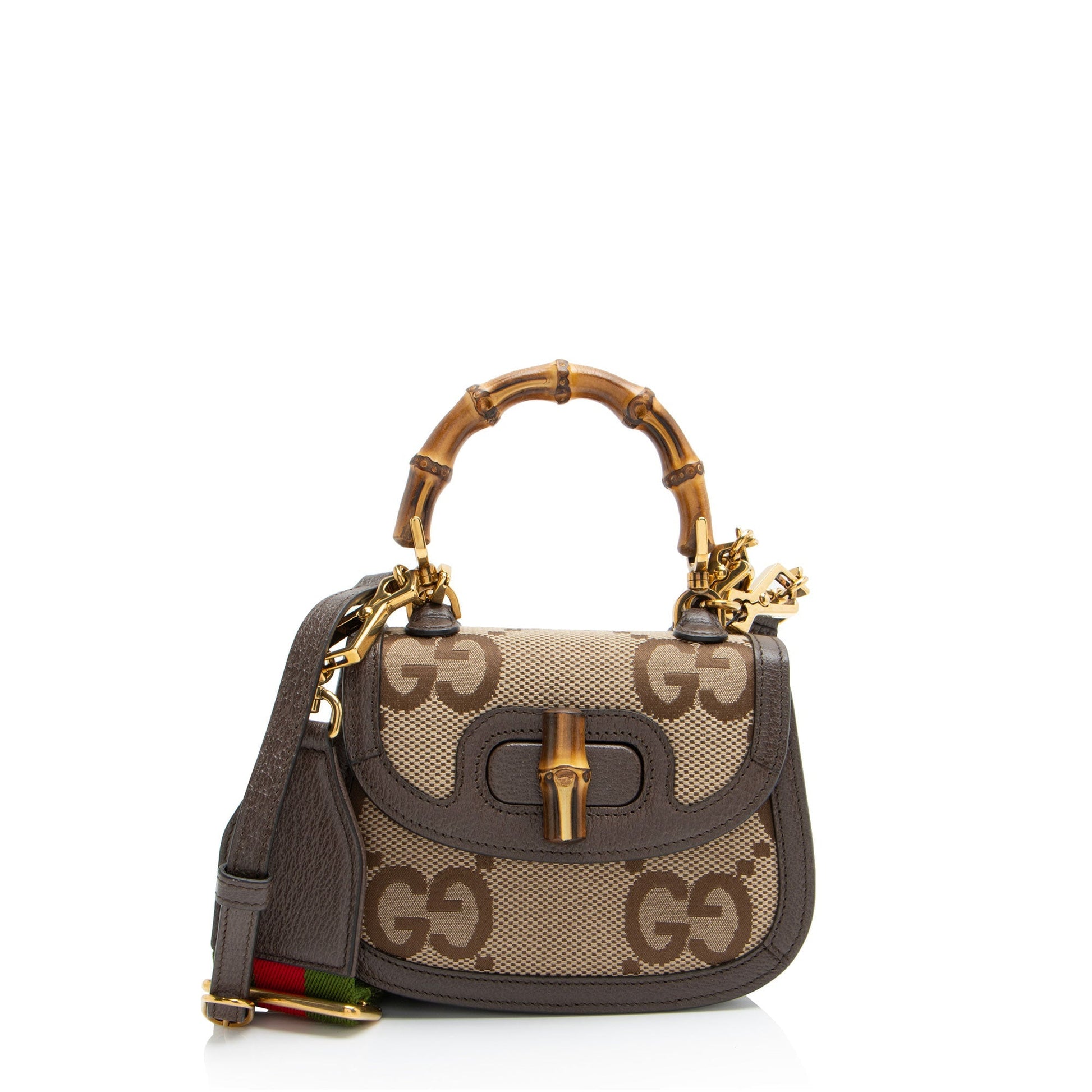 Gucci Jumbo GG Bamboo Top Handle Leather Canvas Nylon Brown Satchel Bag