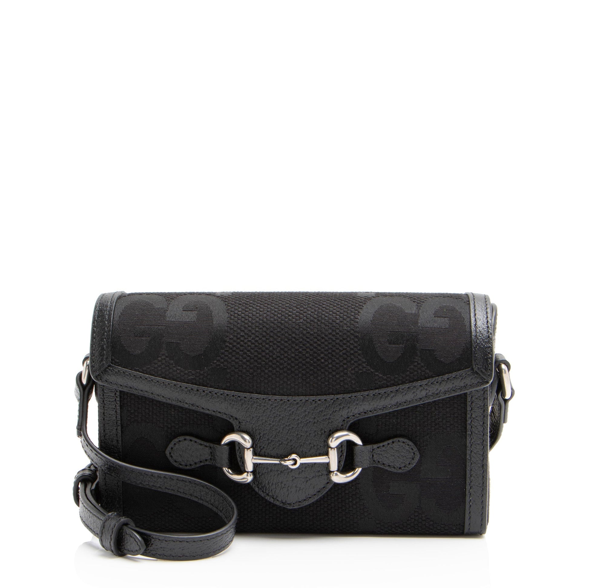 Gucci Jumbo GG Horsebit Leather Canvas Black Mini Crossbody Bag