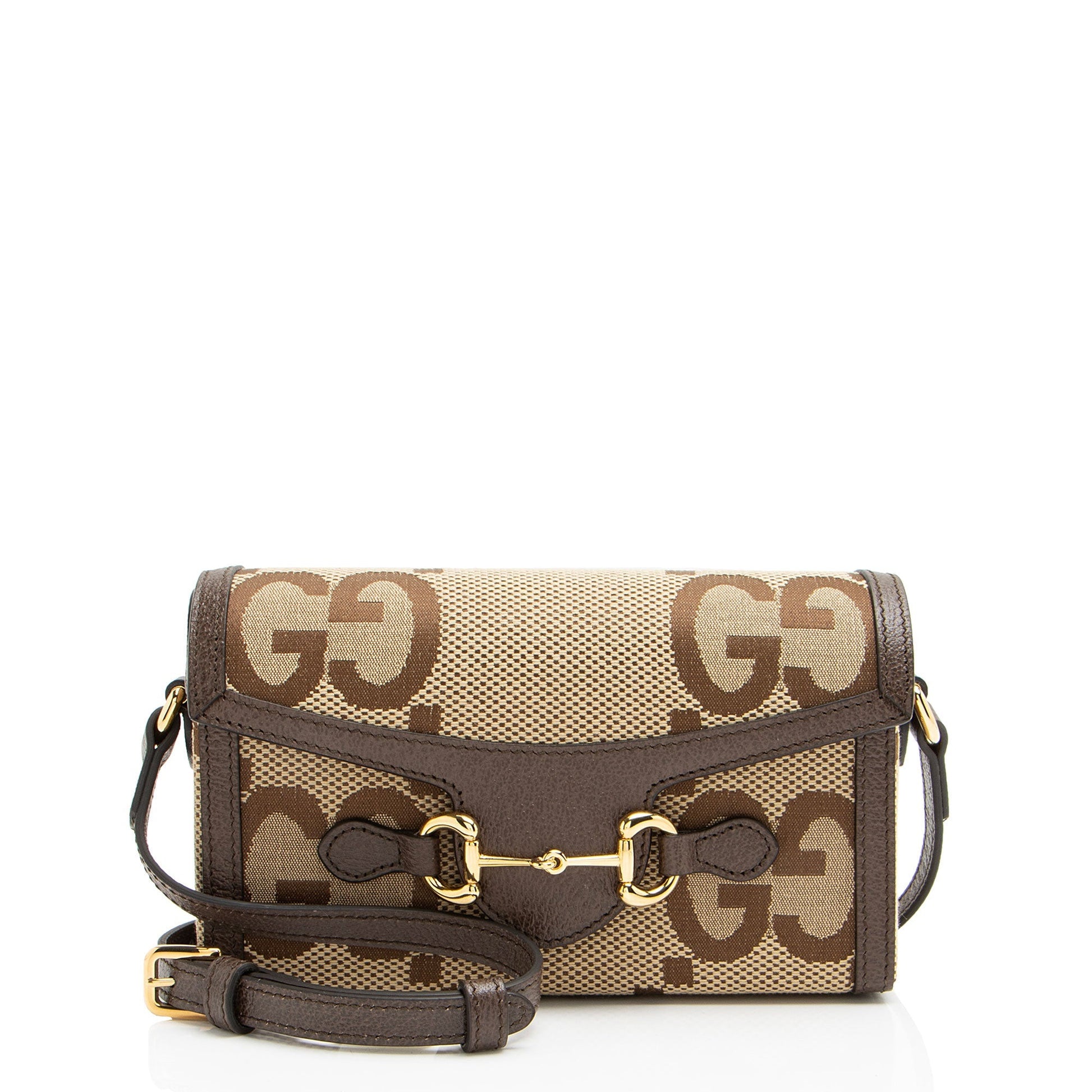 Gucci Jumbo GG Horsebit Leather Canvas Brown Mini Crossbody Bag