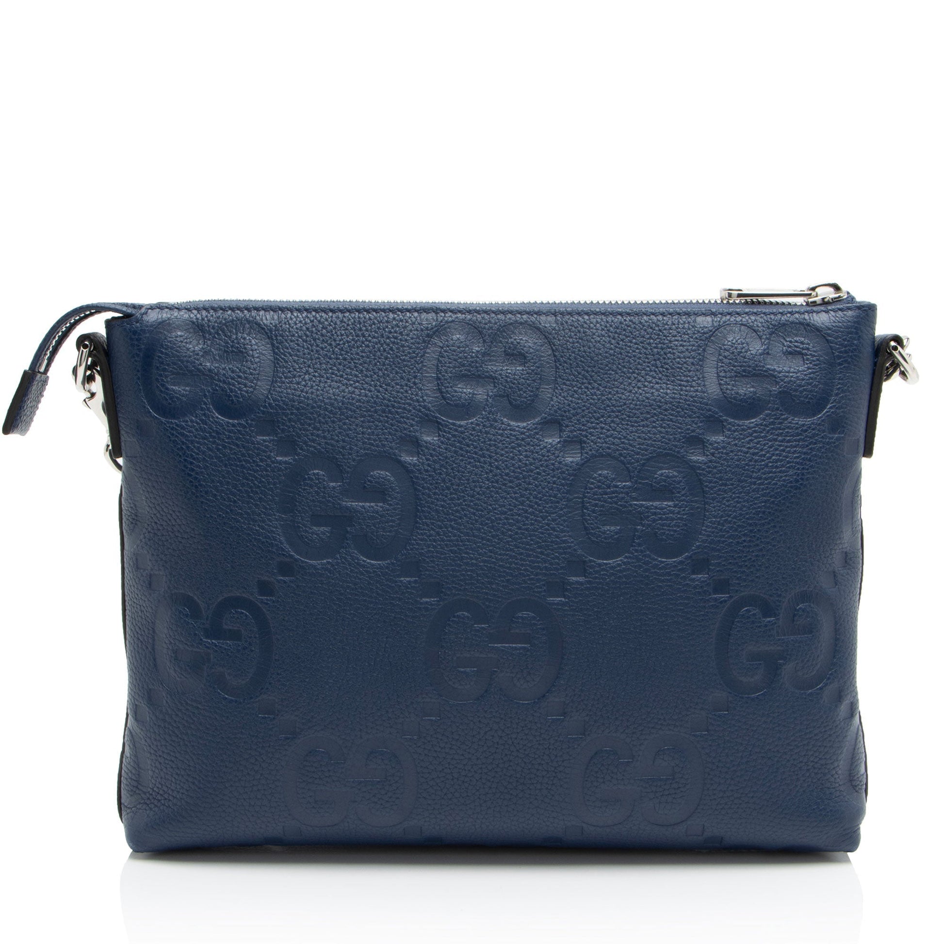 Gucci Jumbo GG Embossed Messenger Leather Nylon Blue Medium Shoulder Bag