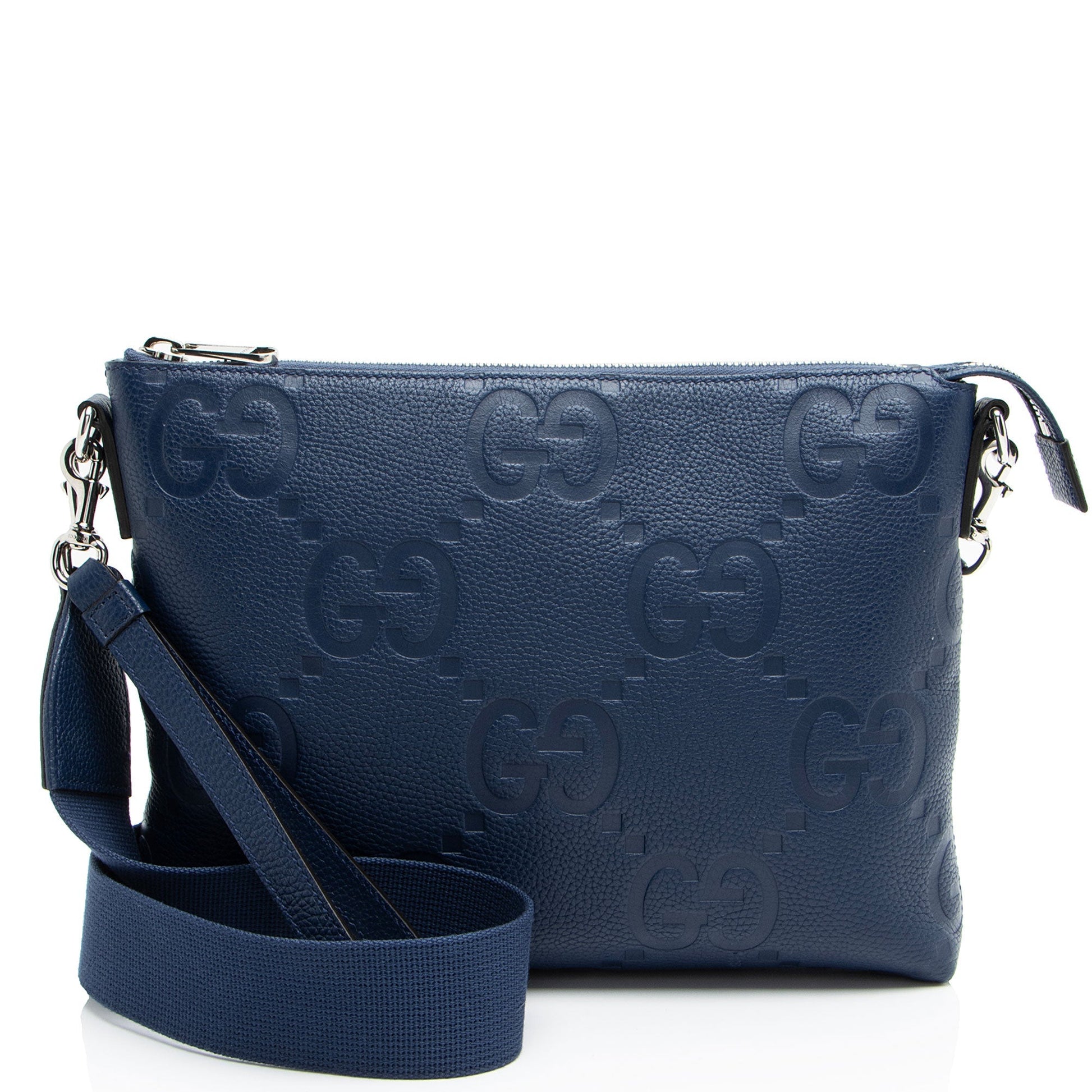 Gucci Jumbo GG Embossed Messenger Leather Nylon Blue Medium Shoulder Bag